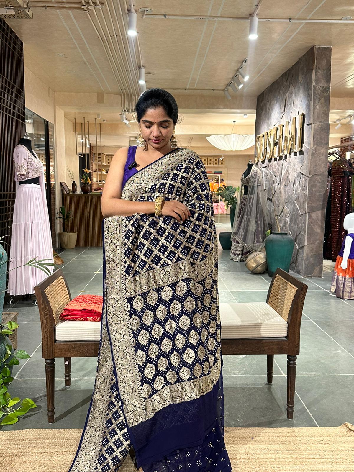 Midnight blue banarsi khaddi georgette handmade bandhej work