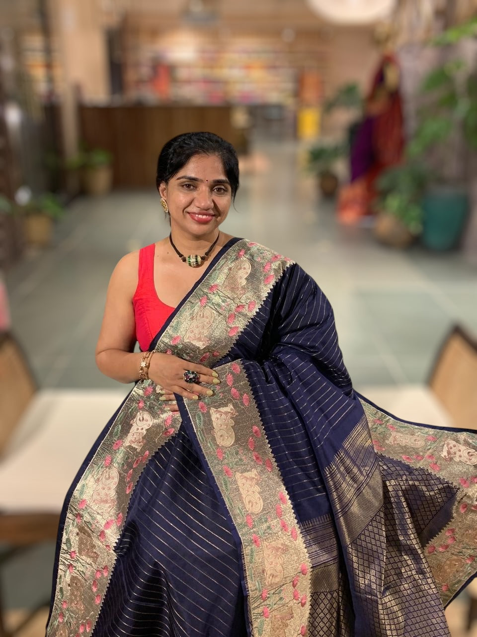 Midnight Blue Kanjeevaram Silk Saree With Tissue Pichwai Embroidery Border