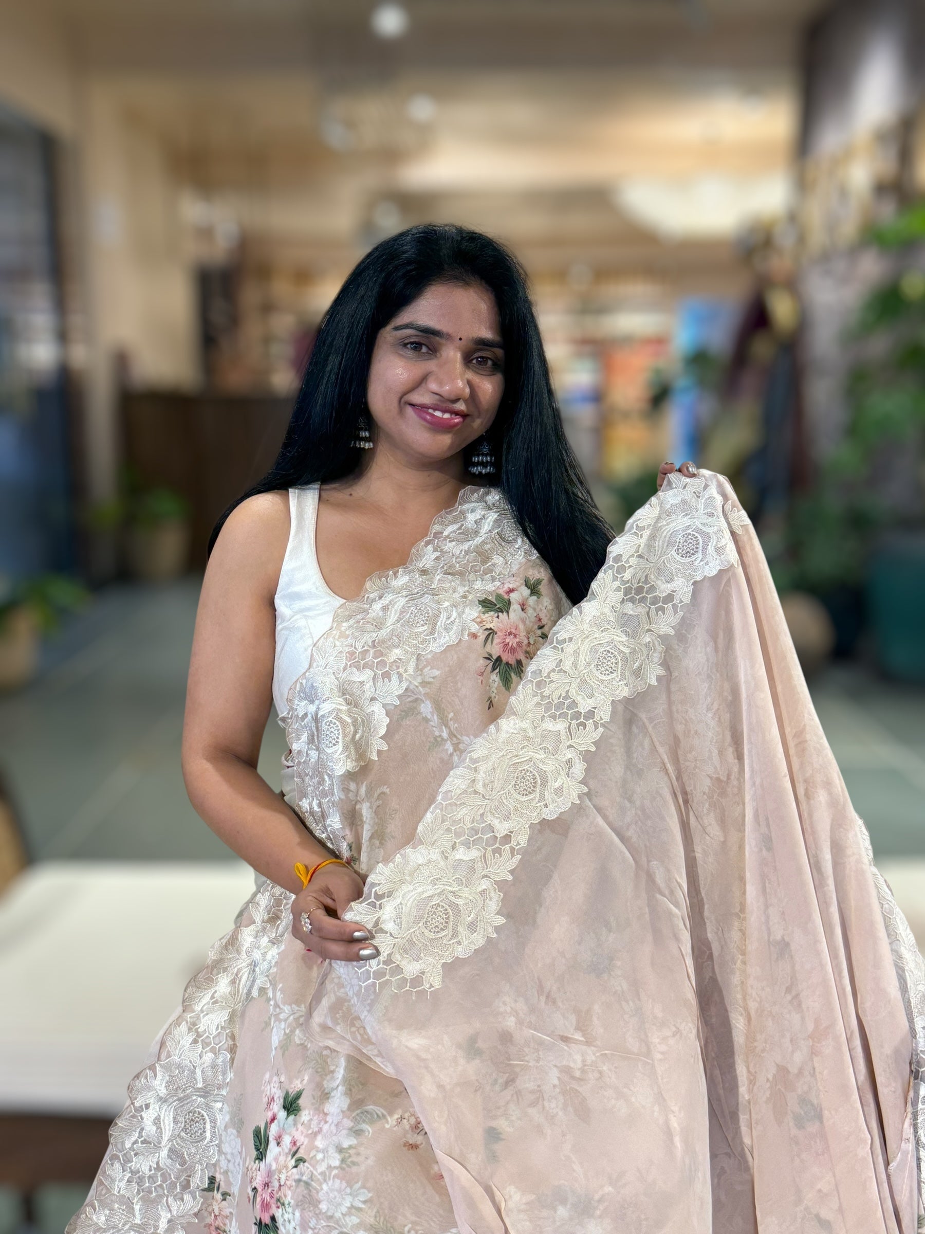 Nude Gorgette Printed Saree With Chatilly Lace Style Cutwork embroidered Border