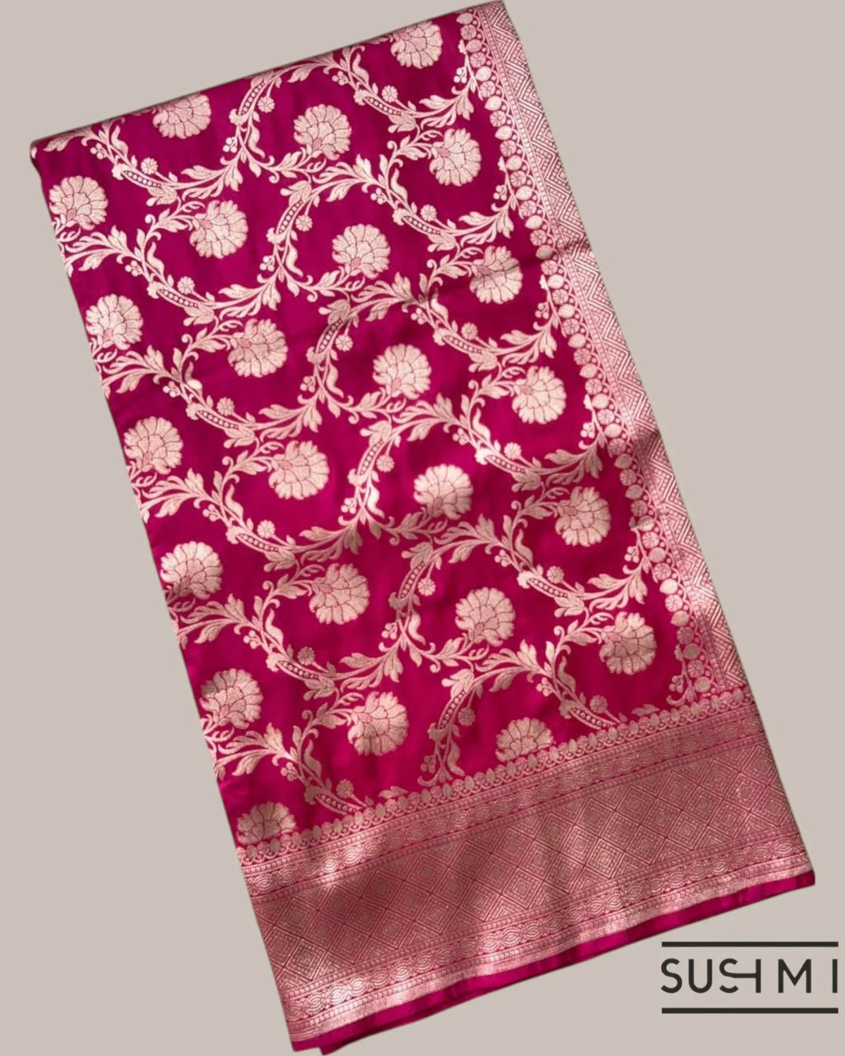 Dark Pink Banarasi Katan Silk Saree with Allover Floral Jaal Weaving