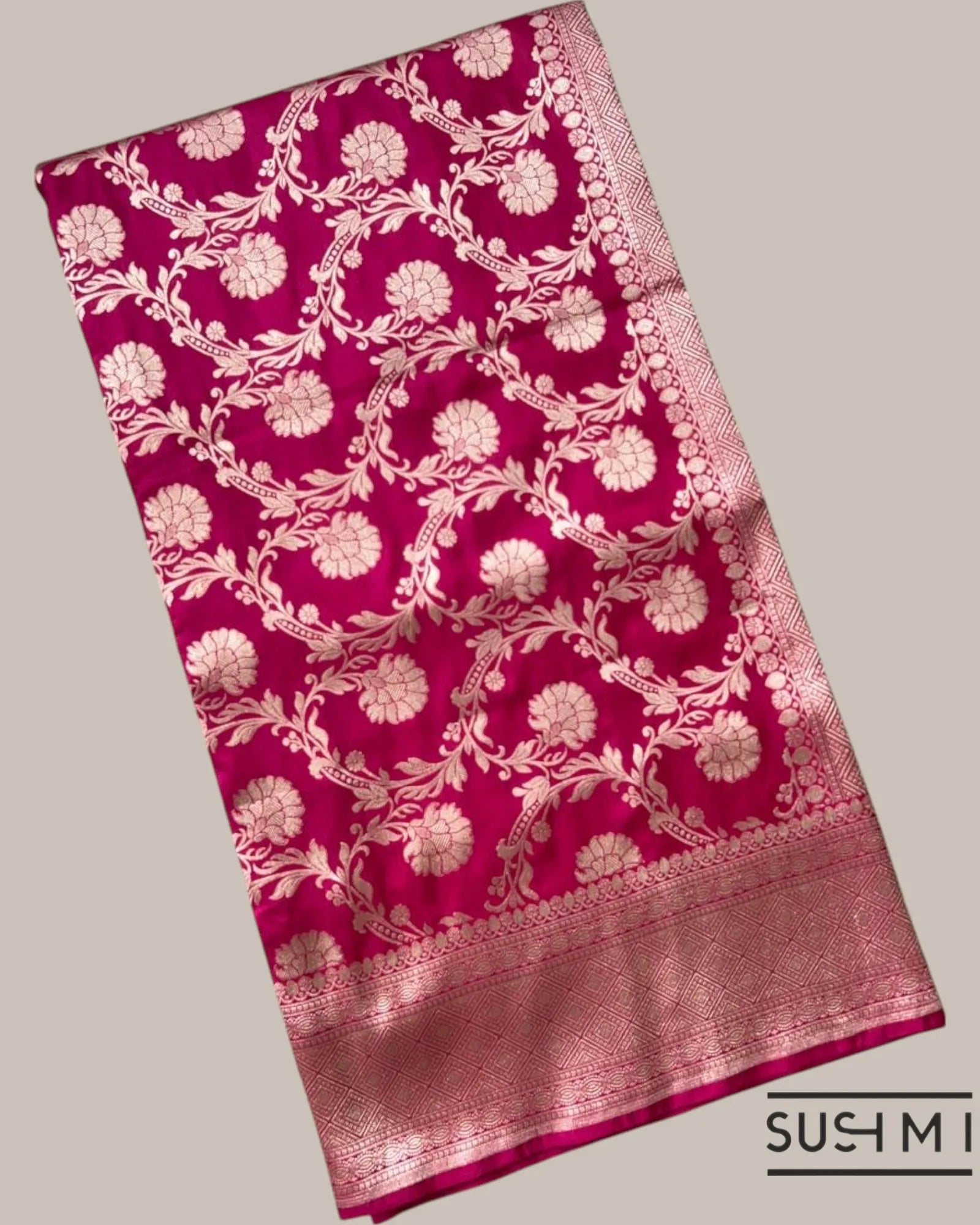 Dark Pink Banarasi Katan Silk Saree with Allover Floral Jaal Weaving