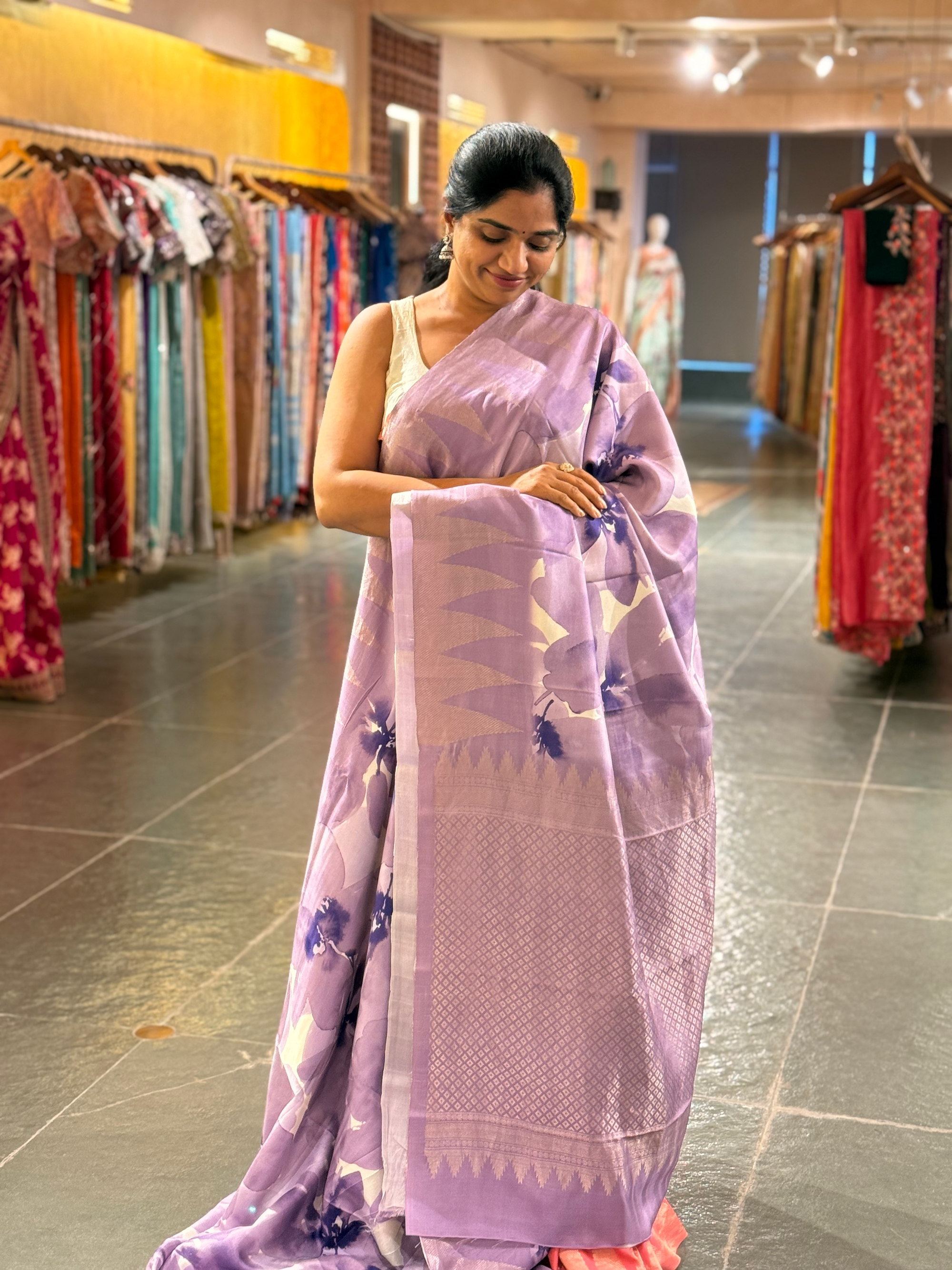 Lilac Printed Kanchi Silk soft drape Saree with temple borders b