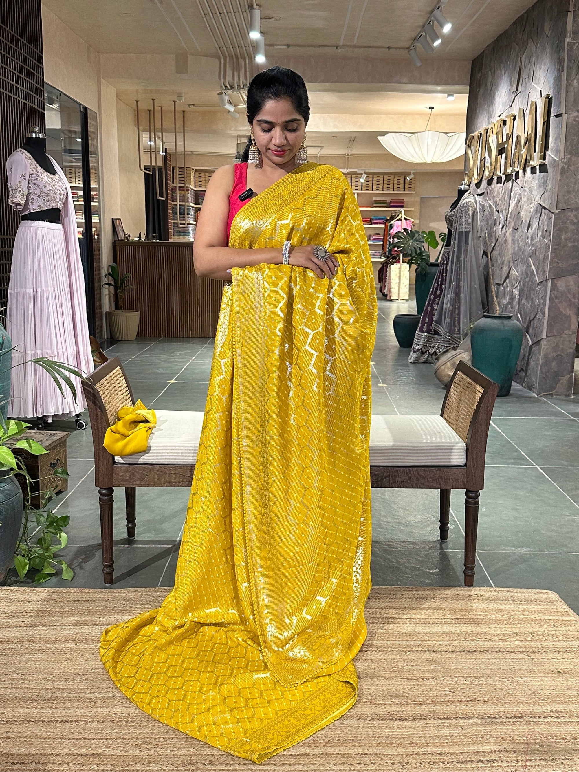 Yellow Pure Gorgette Lehariya Bandhini Sequnce Saree