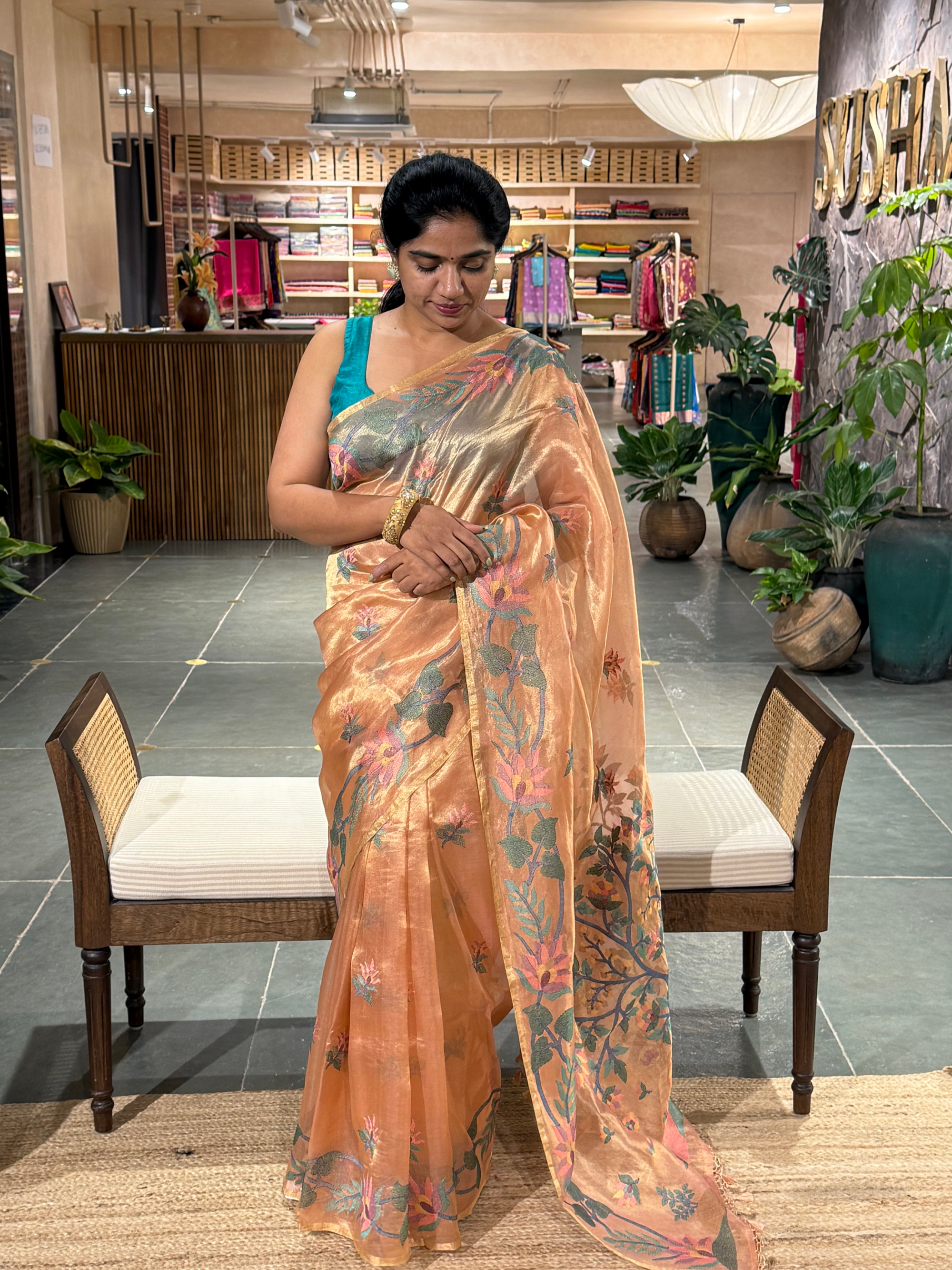 STJA207 : Peach Tissue With Jamdani Look Embroidery