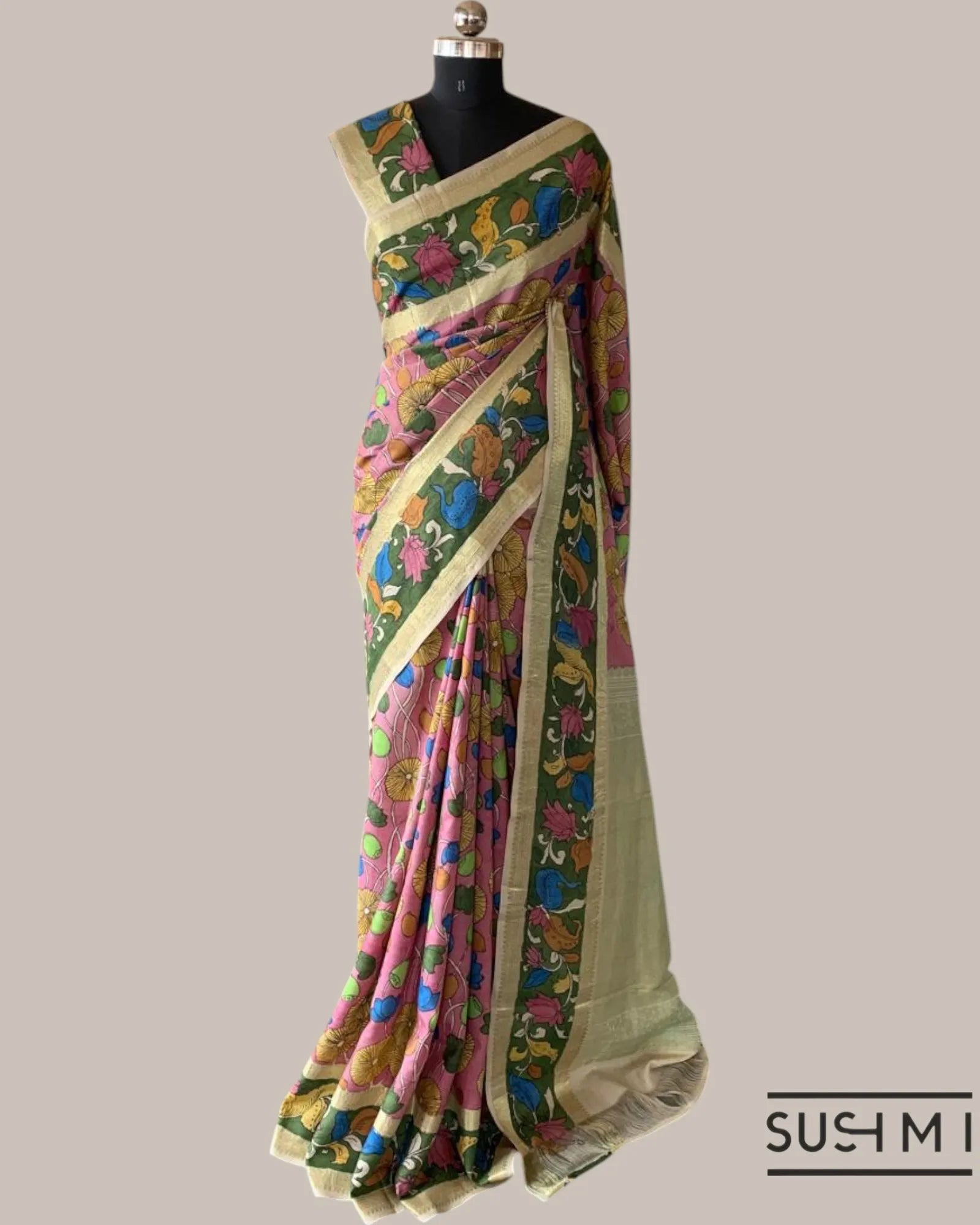 Pink Kanchi Pen kalamkari handpainted saree with heavy border