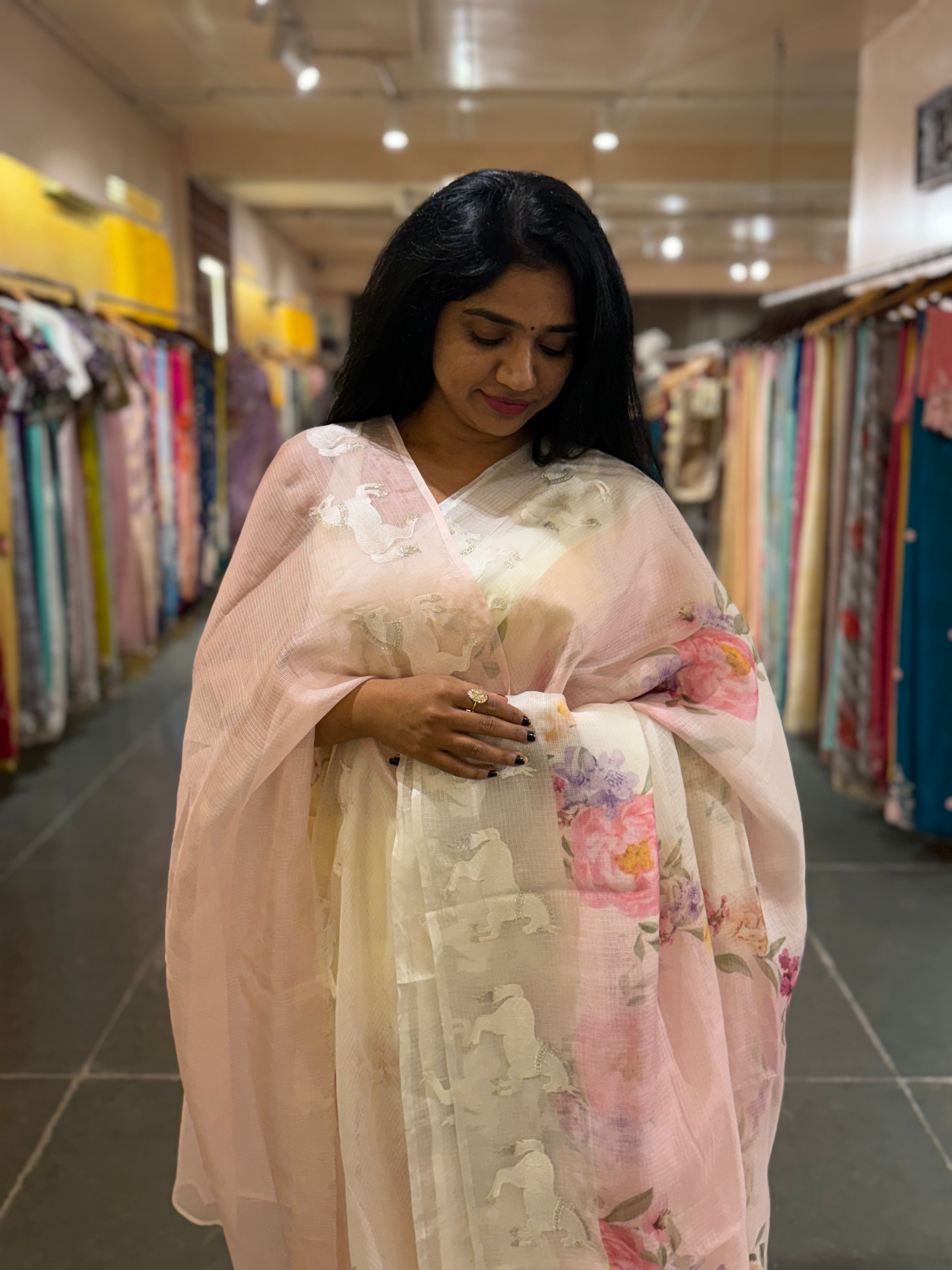 Baby Pink & White Silk kota with floral print & horse embroidered borders