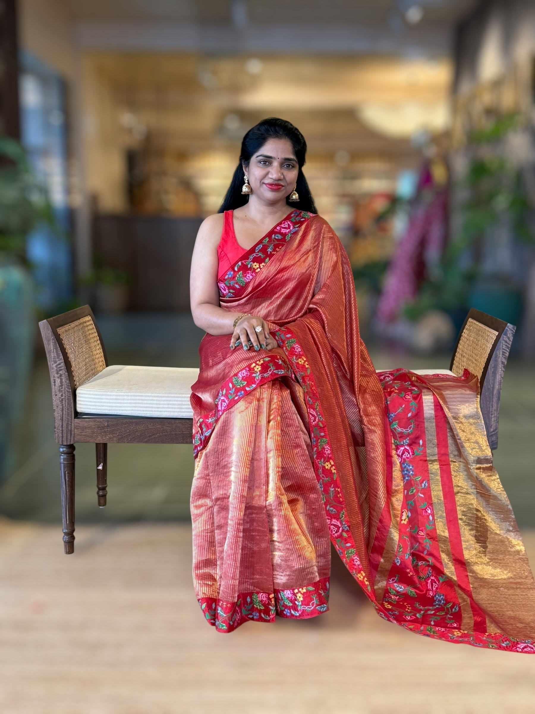 Red Kora Tissue Stripes Saree with Petite Point Embroidered Border Pallu & BP