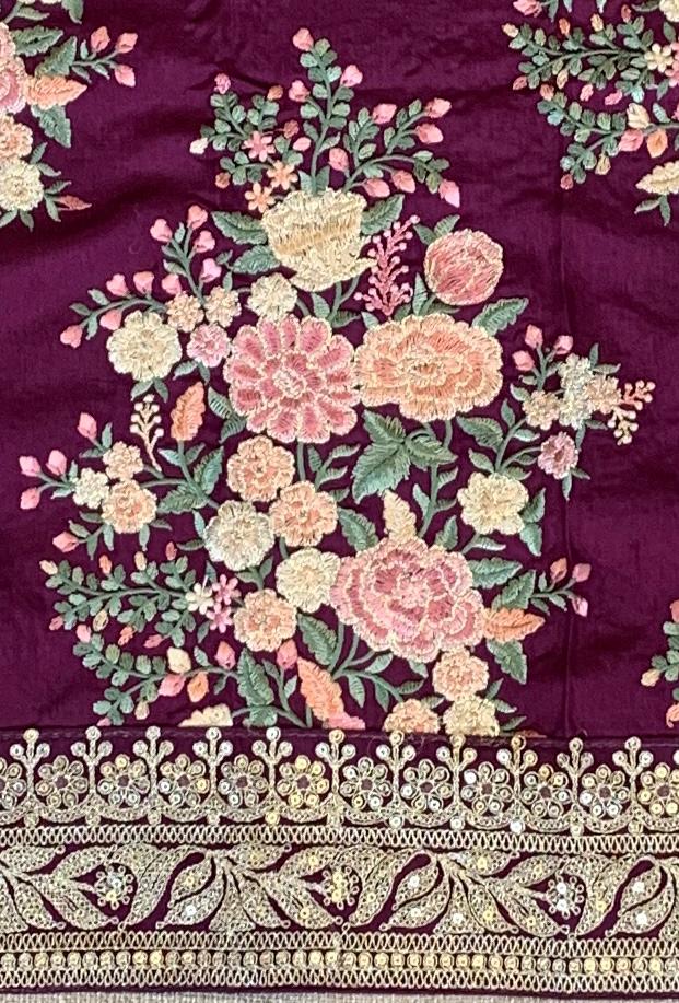 Wine Pure Satin Silk Saree With Sabhya Borders & Allover Emb Blouse