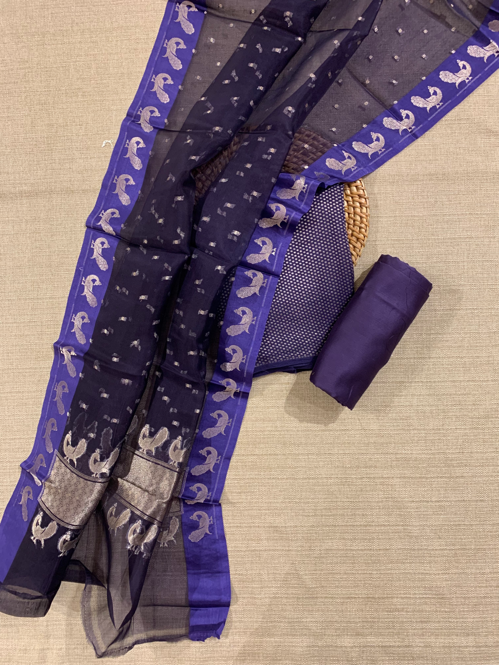 Violet Pure Handloom Banarasi Moonga Crepe Silk 3-pc Unstitched Suit Set
