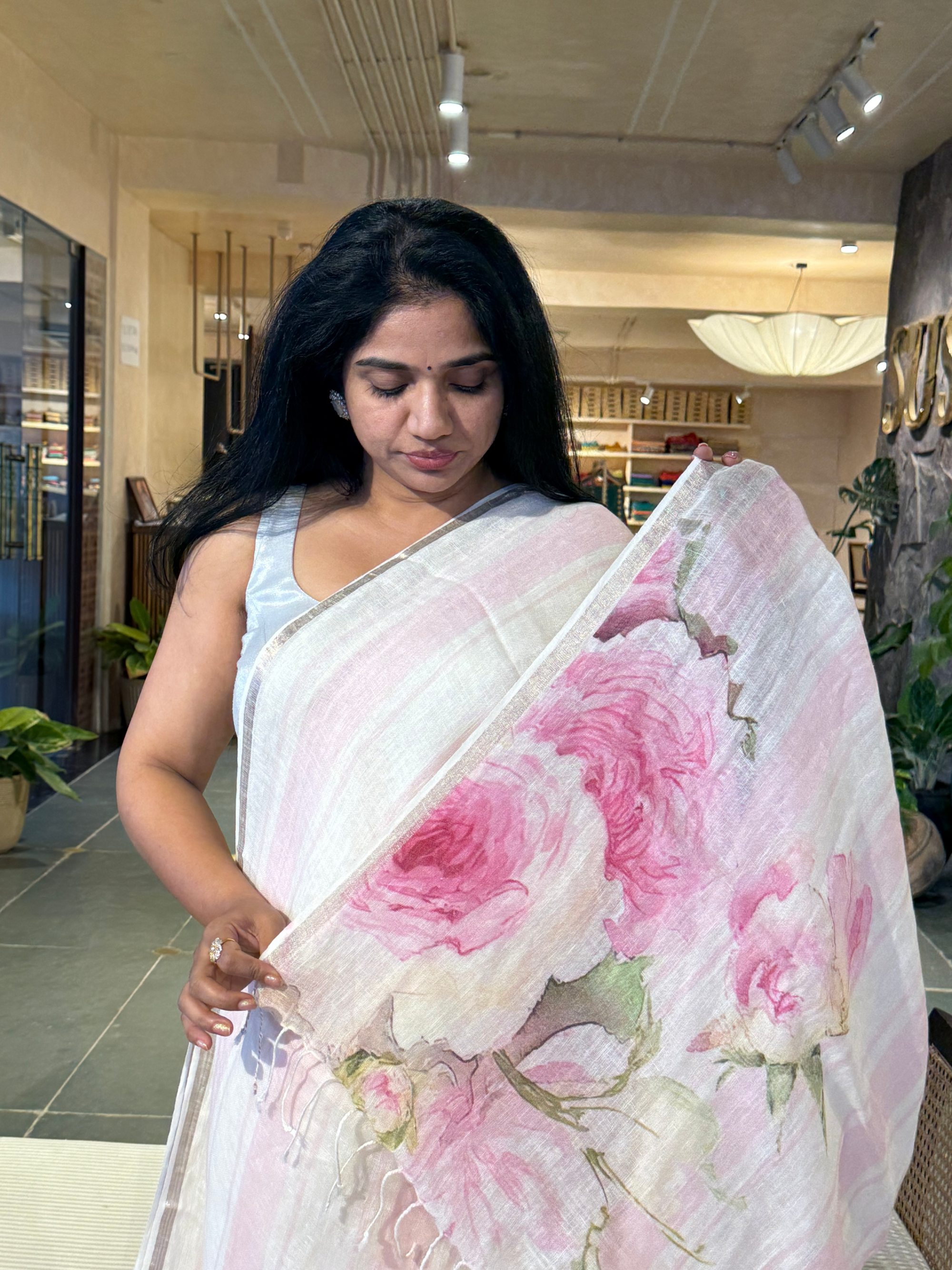 Ivory & Baby Pink Handloom Lenin Striped Saree With Statement Flower Pallu