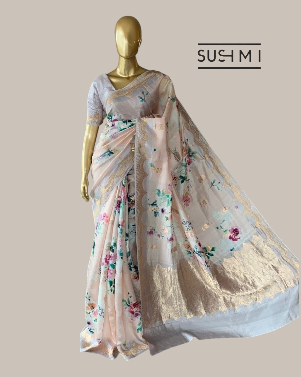 Banarasi Soft Silk Printed Saree With Scalloped Woven Zari Border