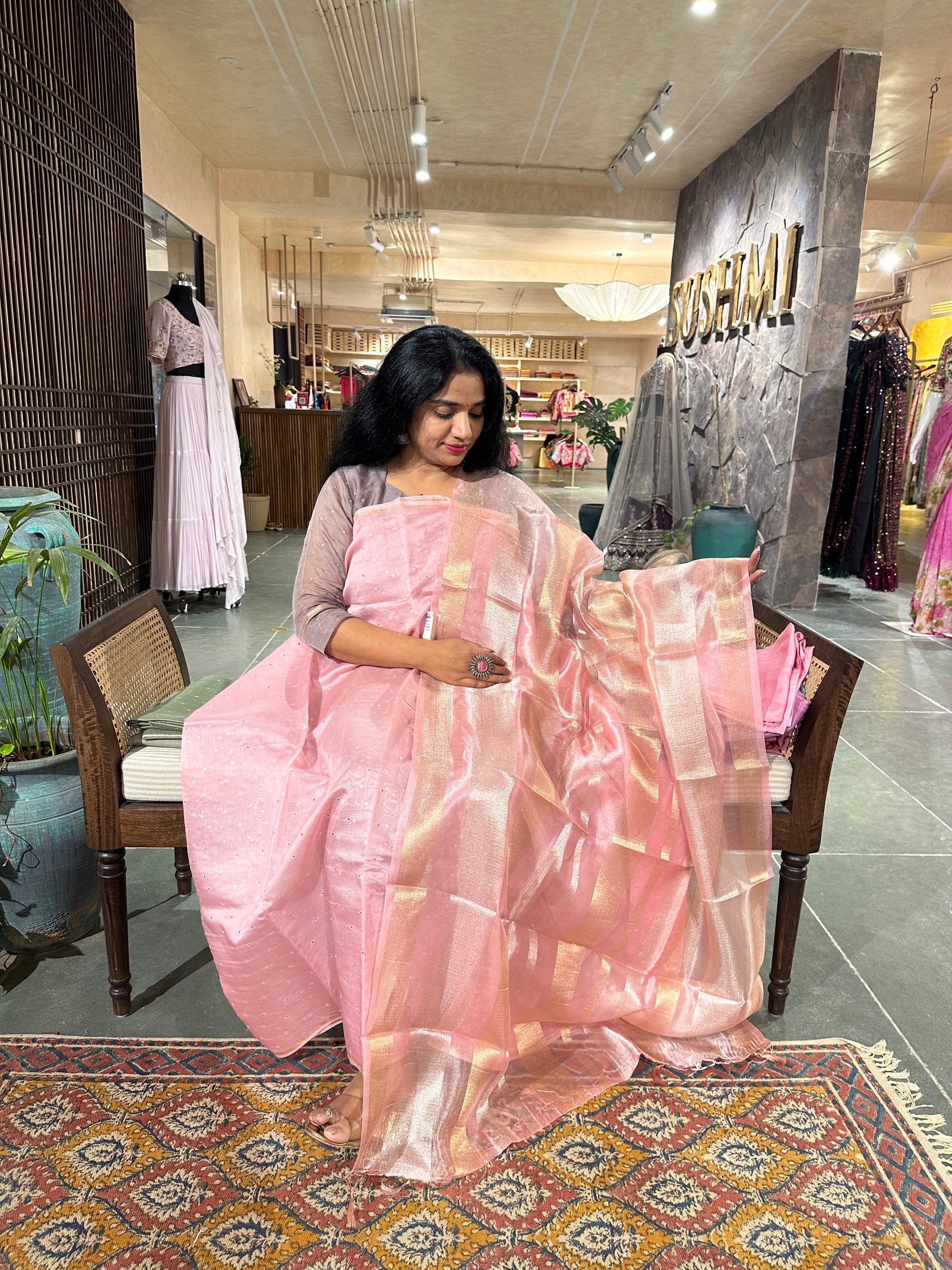 Pastel Pink  Pure Handloom Chanderi silk mirrorwork 3-pc suit set