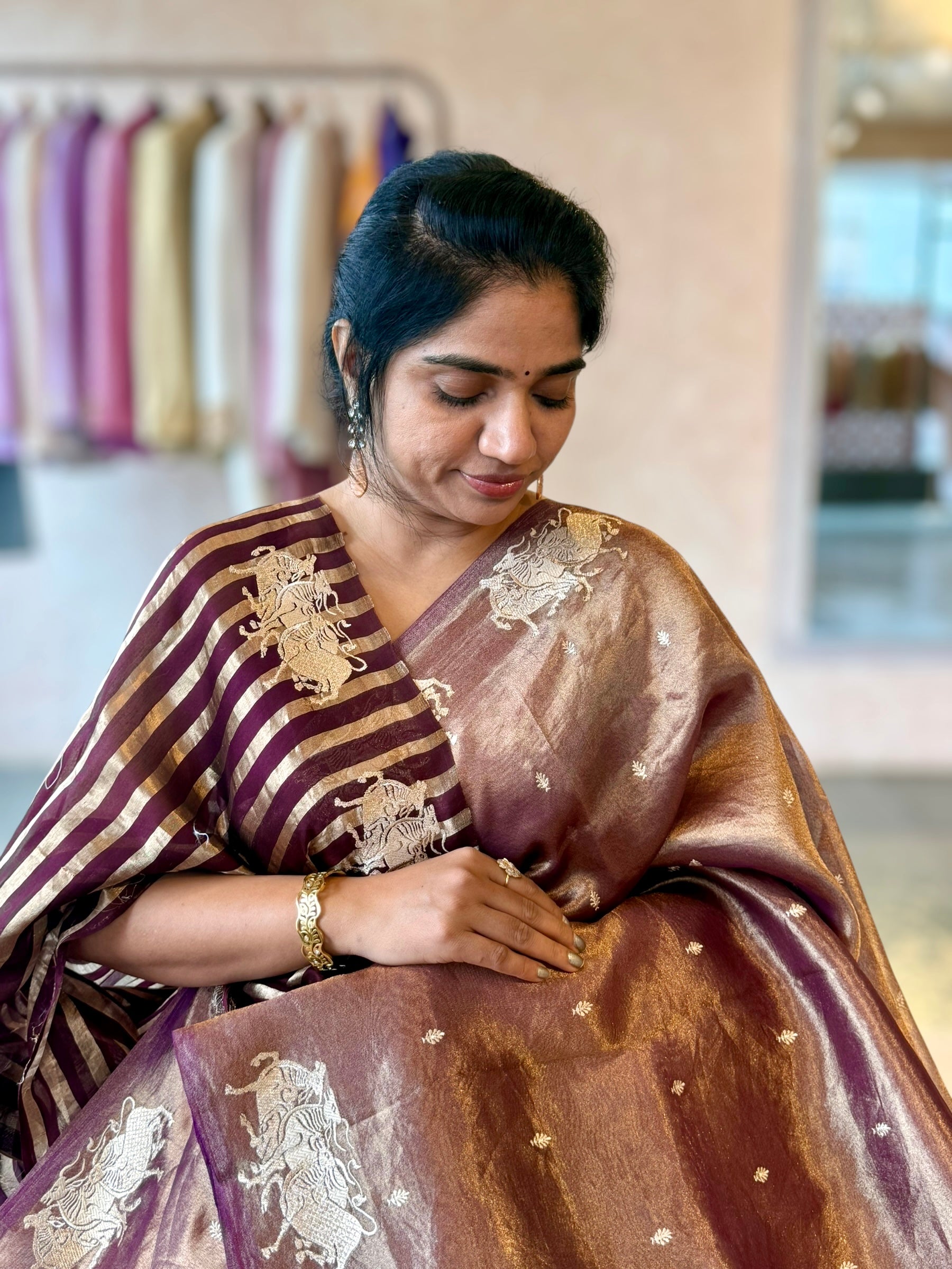 Purple Handloom Tissue Saree wth Nandi Embroidered Border & Stripes Tissue BP