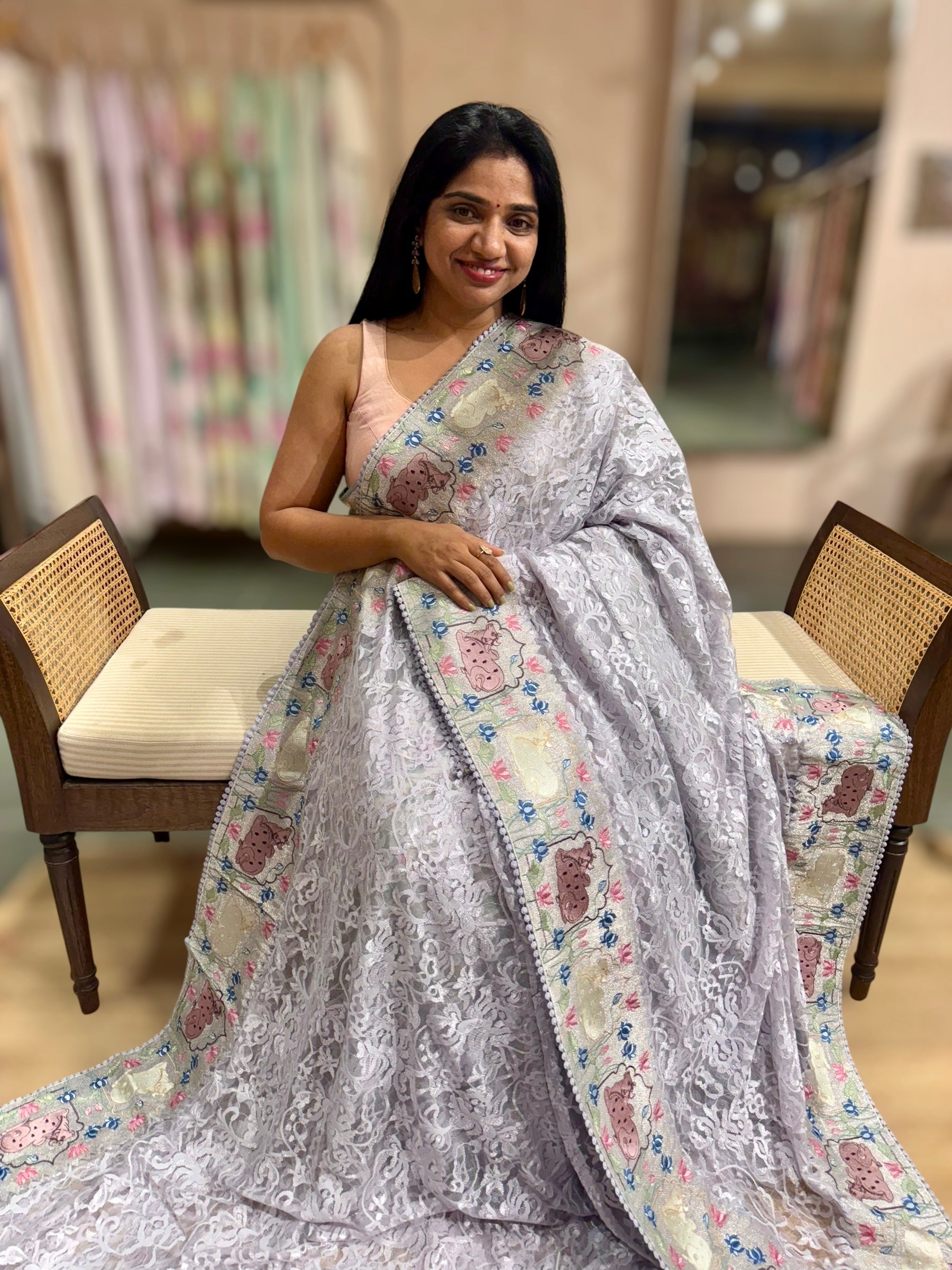 Light Lilac Chantilly Lace Saree With Tissue Nandi  Embroidered Border
