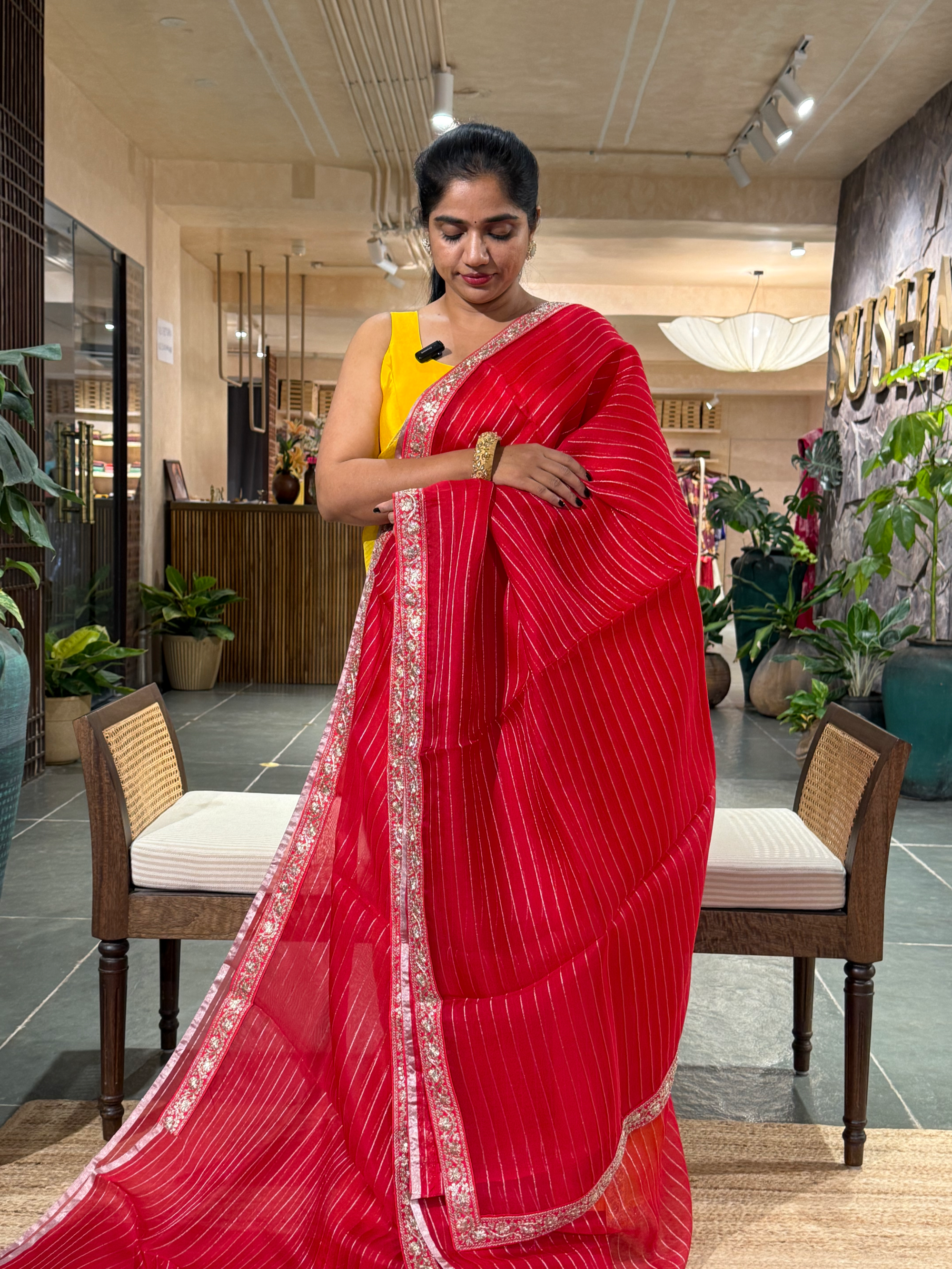 SOSSM2903 Red Organza Saree hemlined with Sabhyasachi Borders
