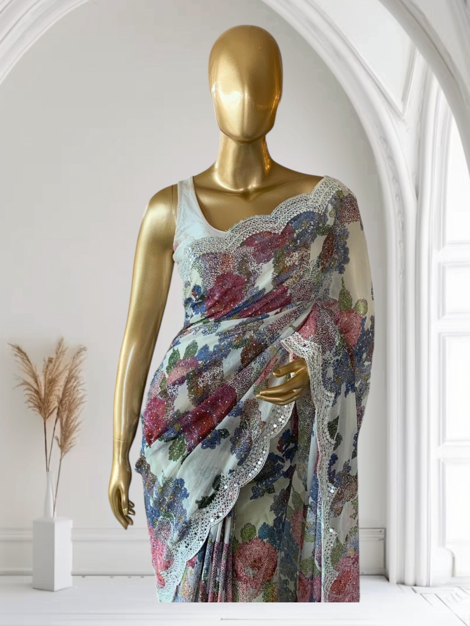 Ivory Gorgette Print with handwork mirrorwork borders
