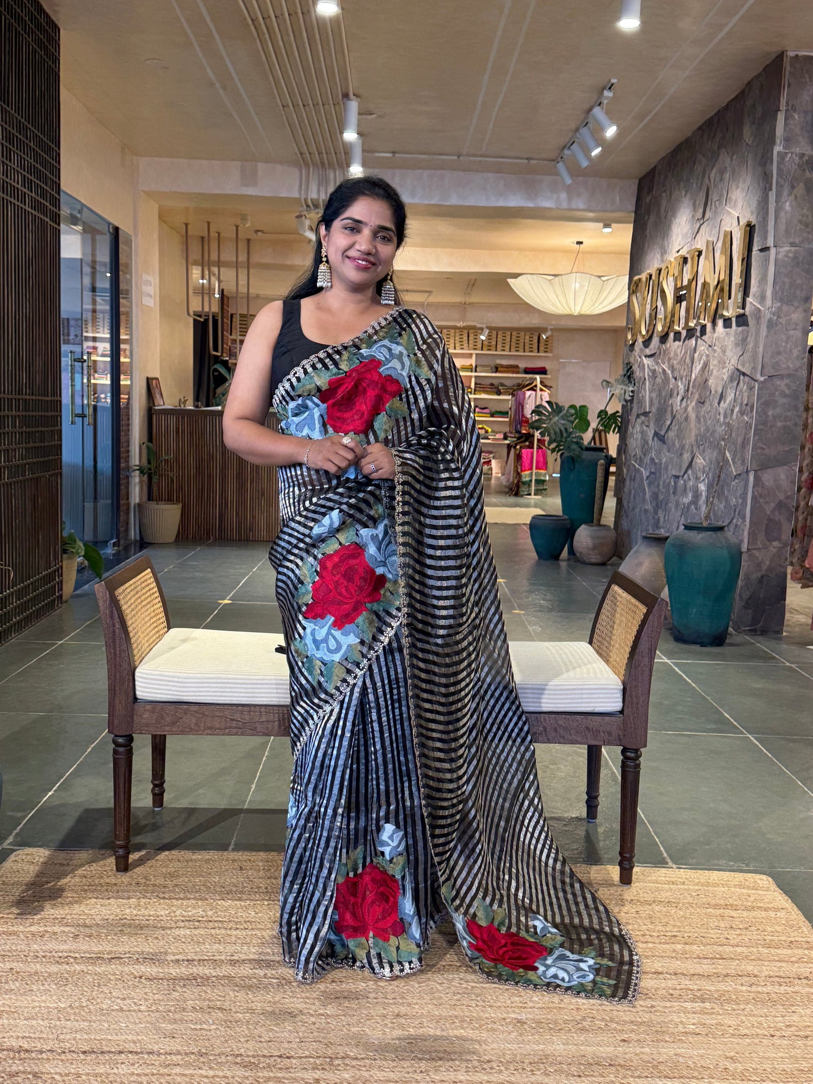 Black & Silver Stripes Tissue Silk Saree with Statement Floral bunch embroidery