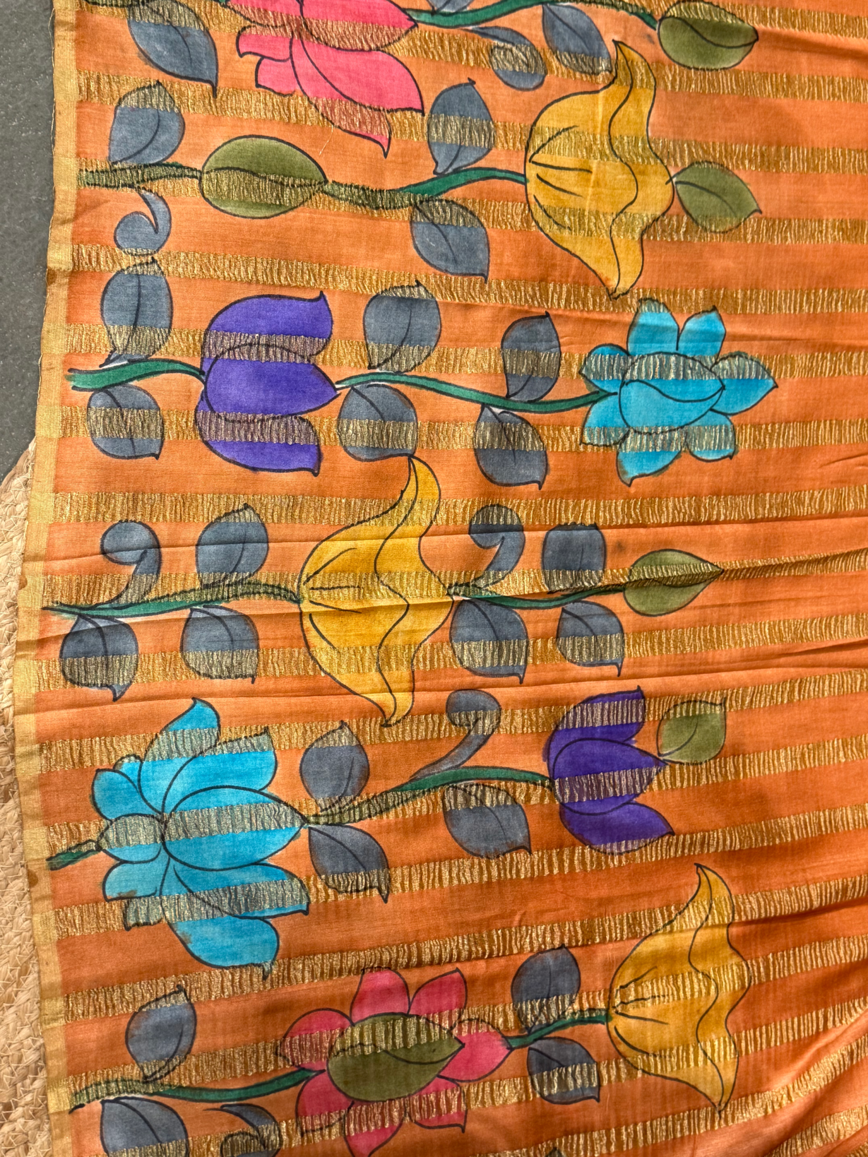SMTKM174 Pure Handloom Munga Silk Wth Tissue Stripes & Penkalamkari Handpainting