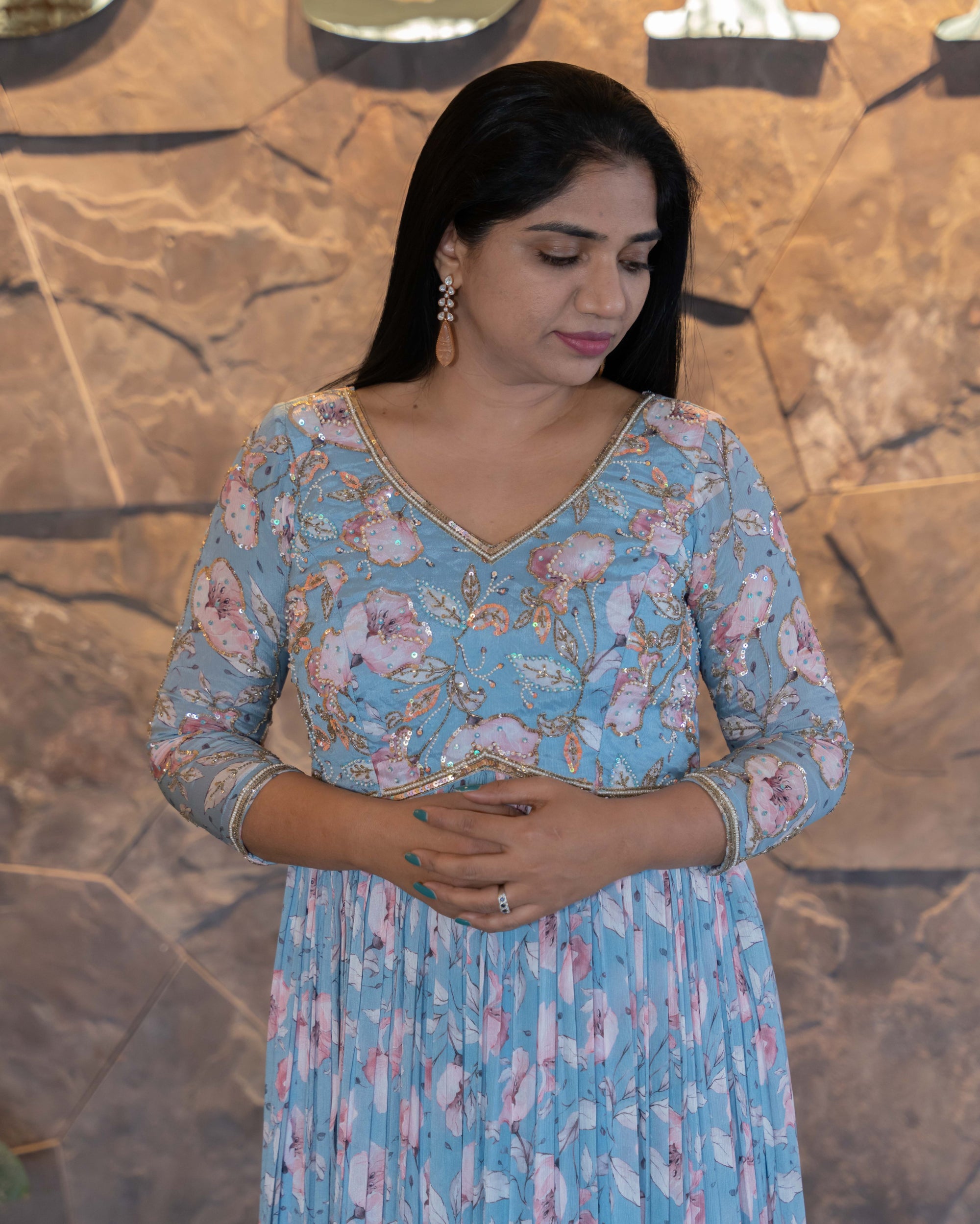 Pure Chinnon Printed Long Frock with handwork yoke