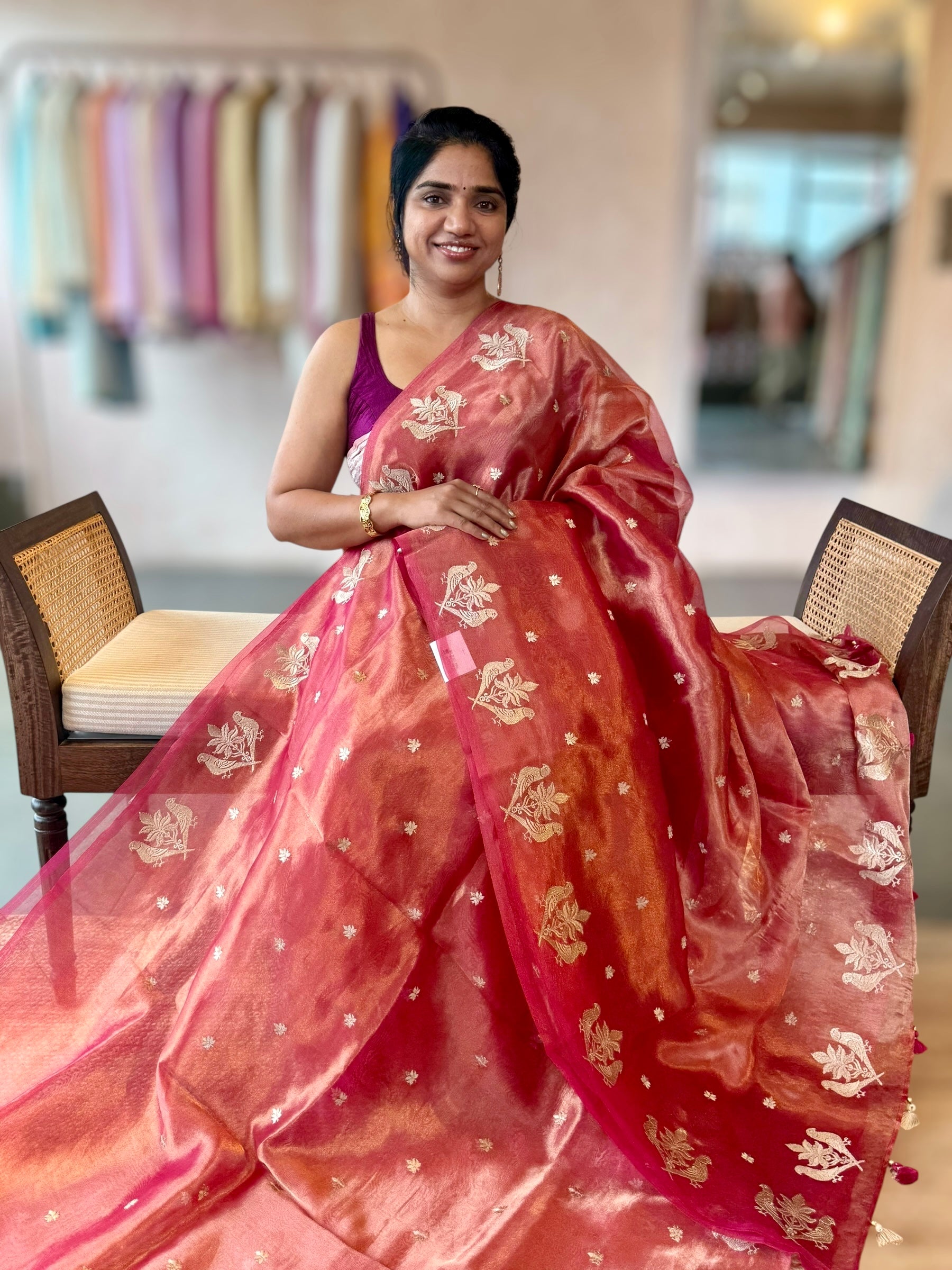 Pink Handloom Tissue Saree With Bird Embroidered Border & Stripes Tissue BP