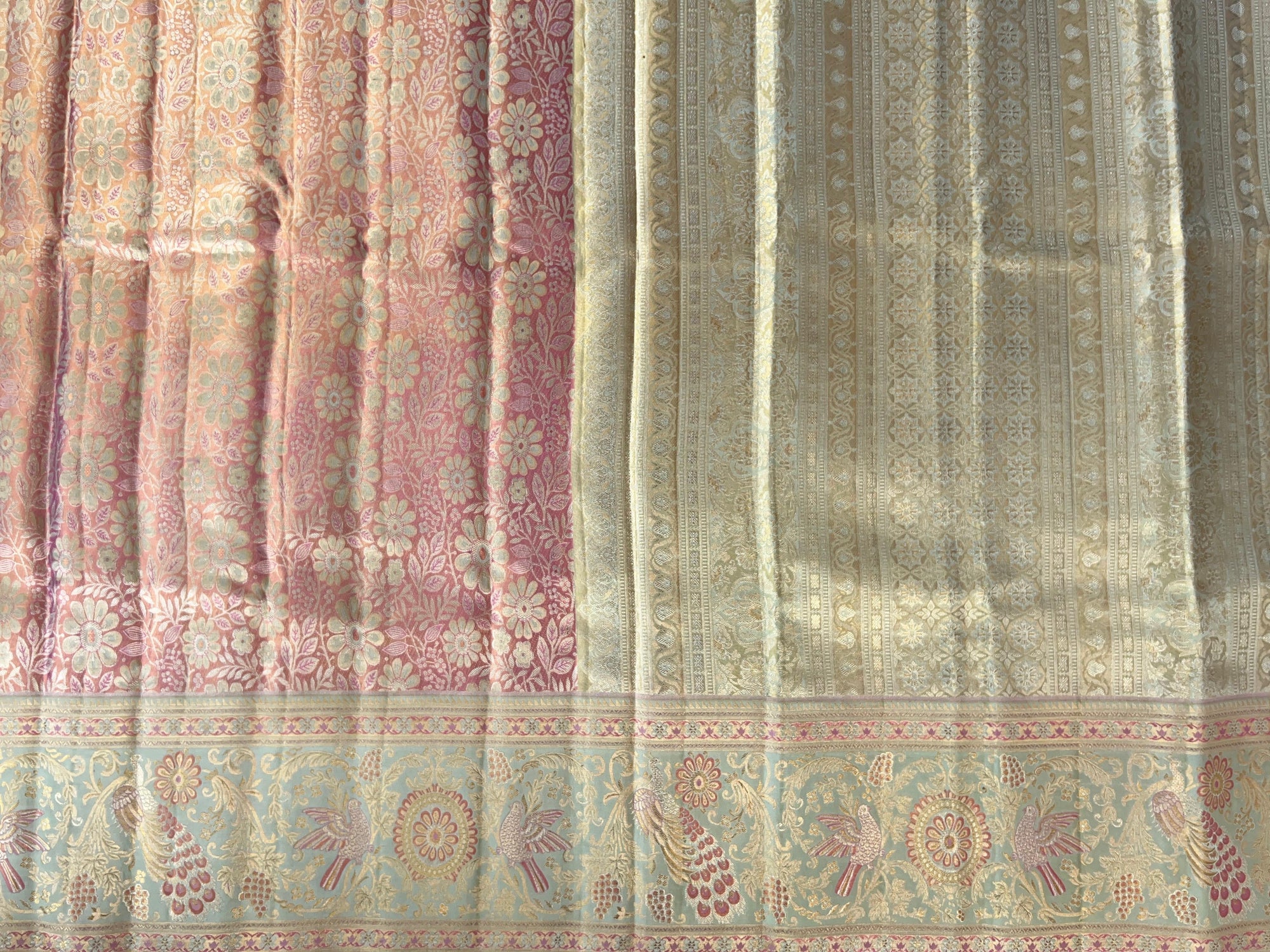 Pastel Pink & Piwder Blue  Kanchi Pattu Saree With Allover Meenakari Weaving