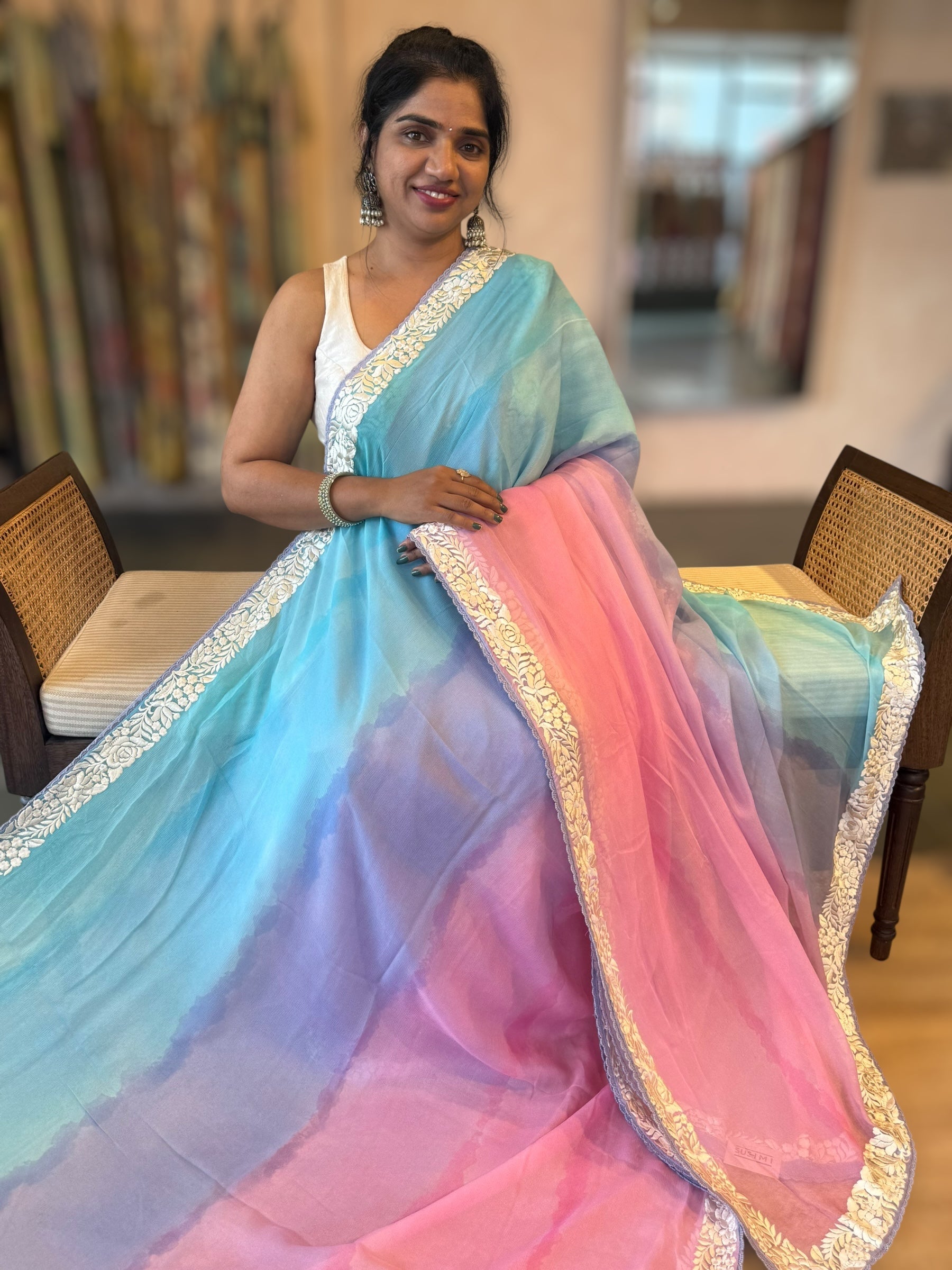 Pure Chiffon Saree with Ombre Brush dyeing & Parsi Gara Embroidered Border