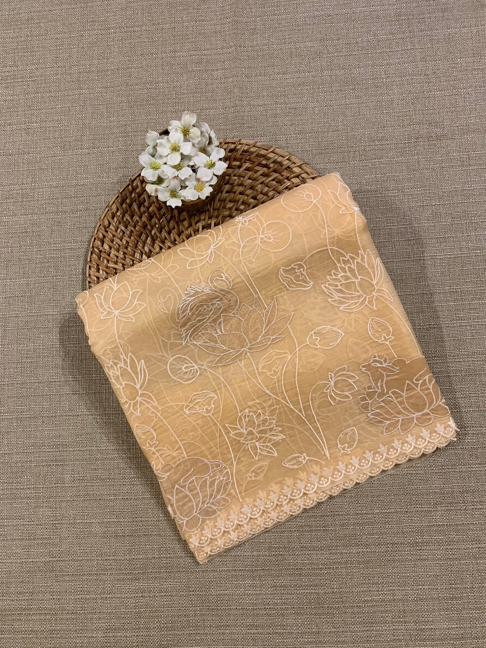SOAA1604 : Light Peach Organza Saree with Allover Pichwai Applique Embroidery