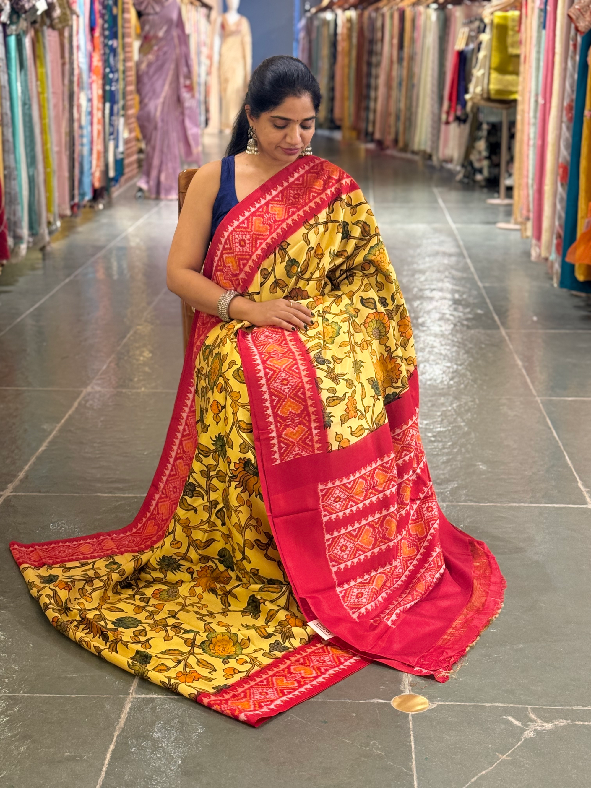Ikkath Patola Sarees with Pen Kalamkari Style Digital  Prints