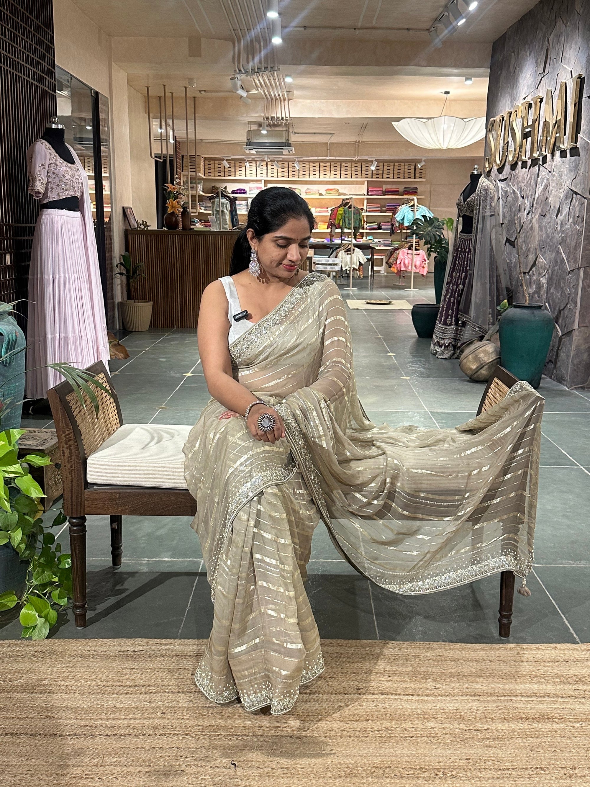 Earthy Tone Chiffon Handwork Saree with stitched happy iblouse