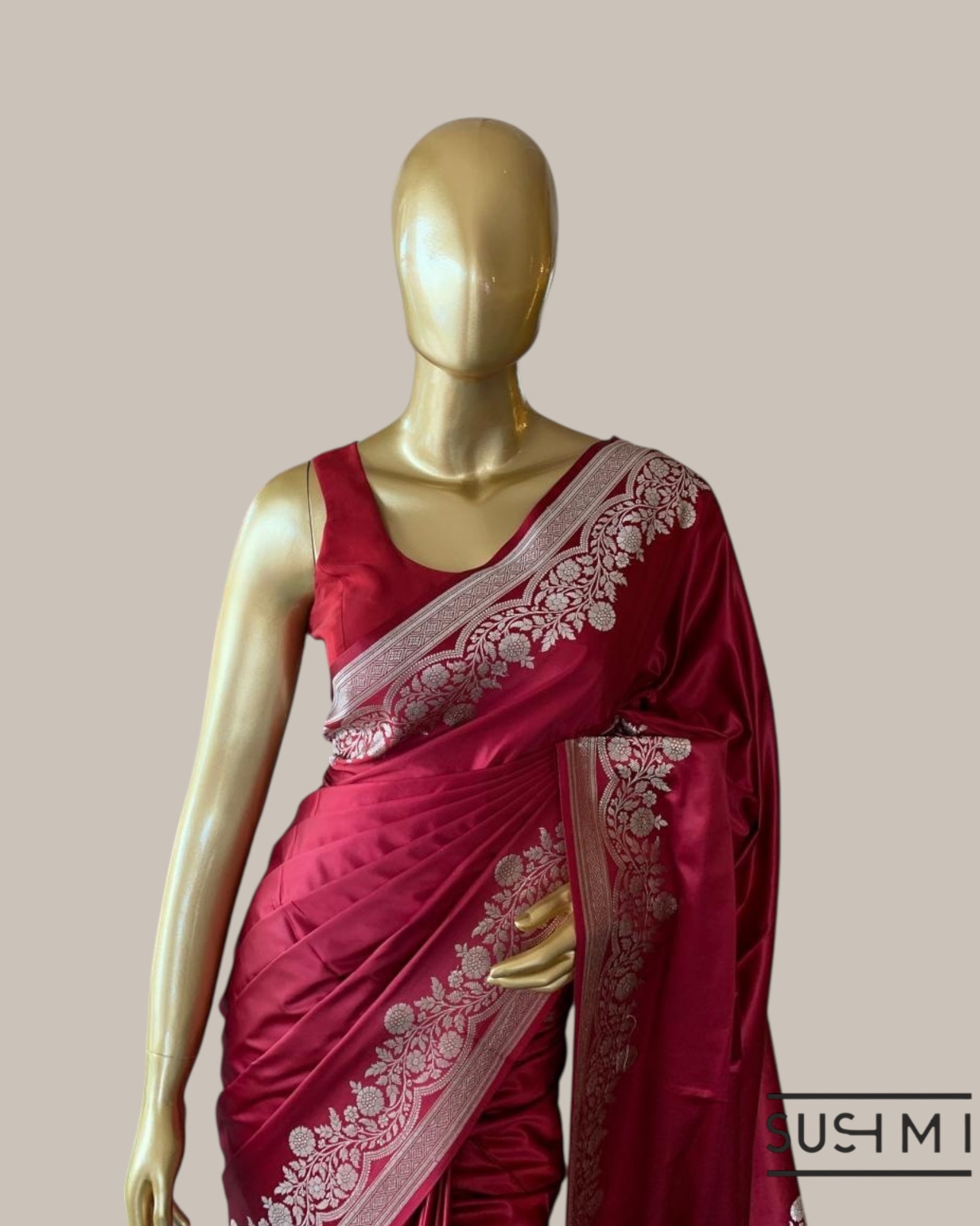 Burgundy Mashru Silk Saree With Straight and Scalloped Border