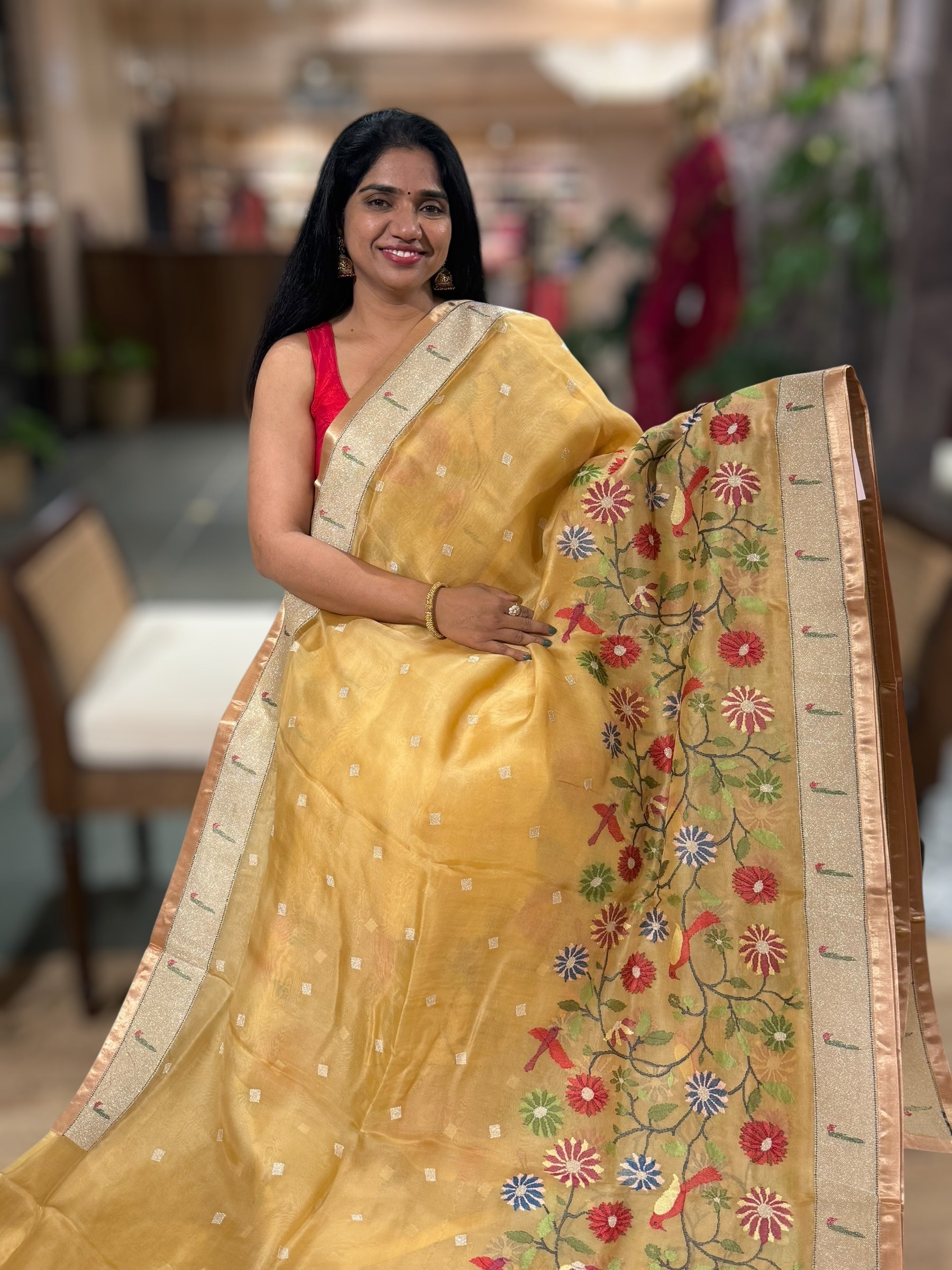 Beige Gold Organza Silk Saree With Jamdani Inspired Embroidery