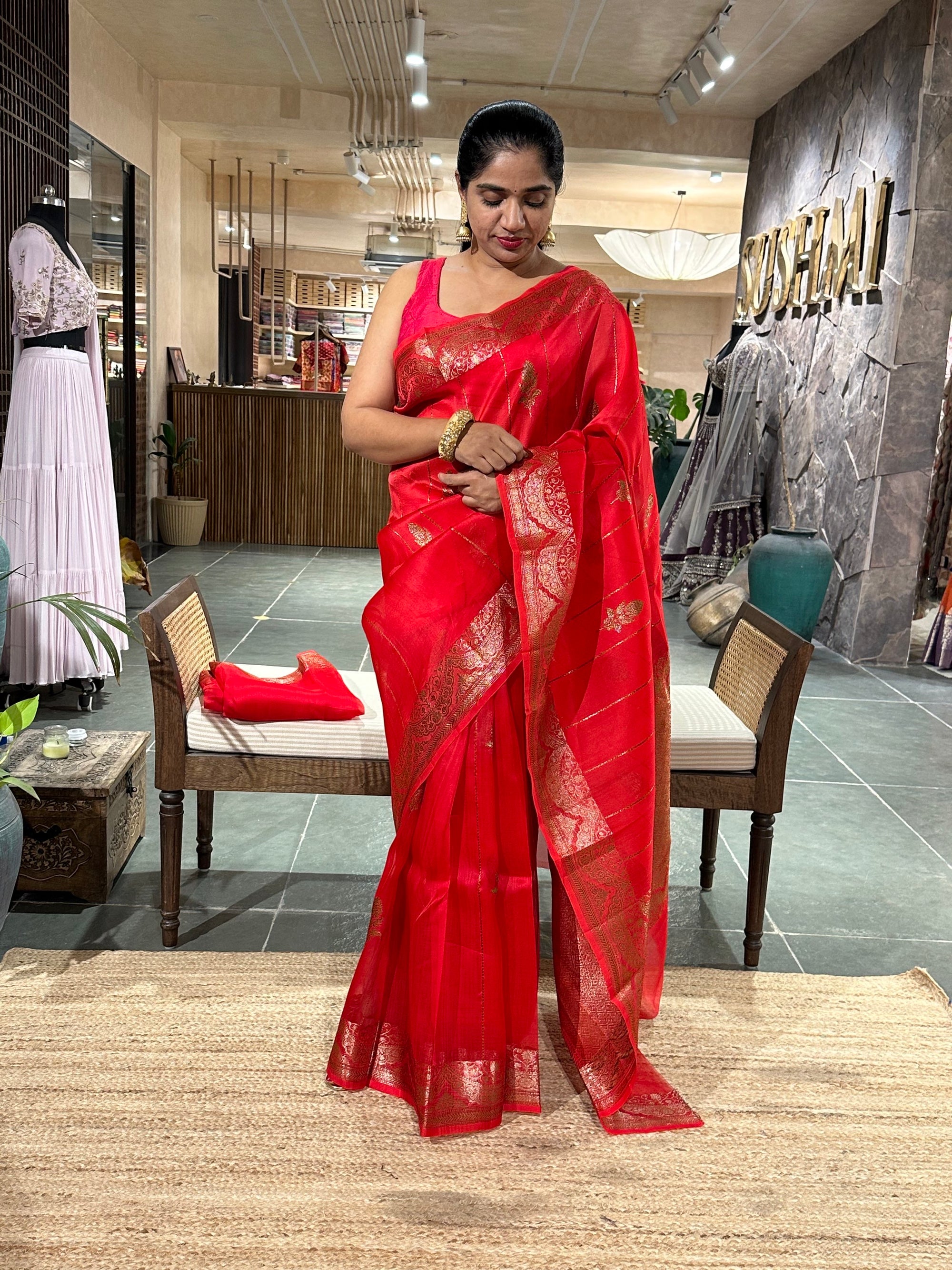 Half white crush Saree with allover applique work in leaf creeper pattern  and h