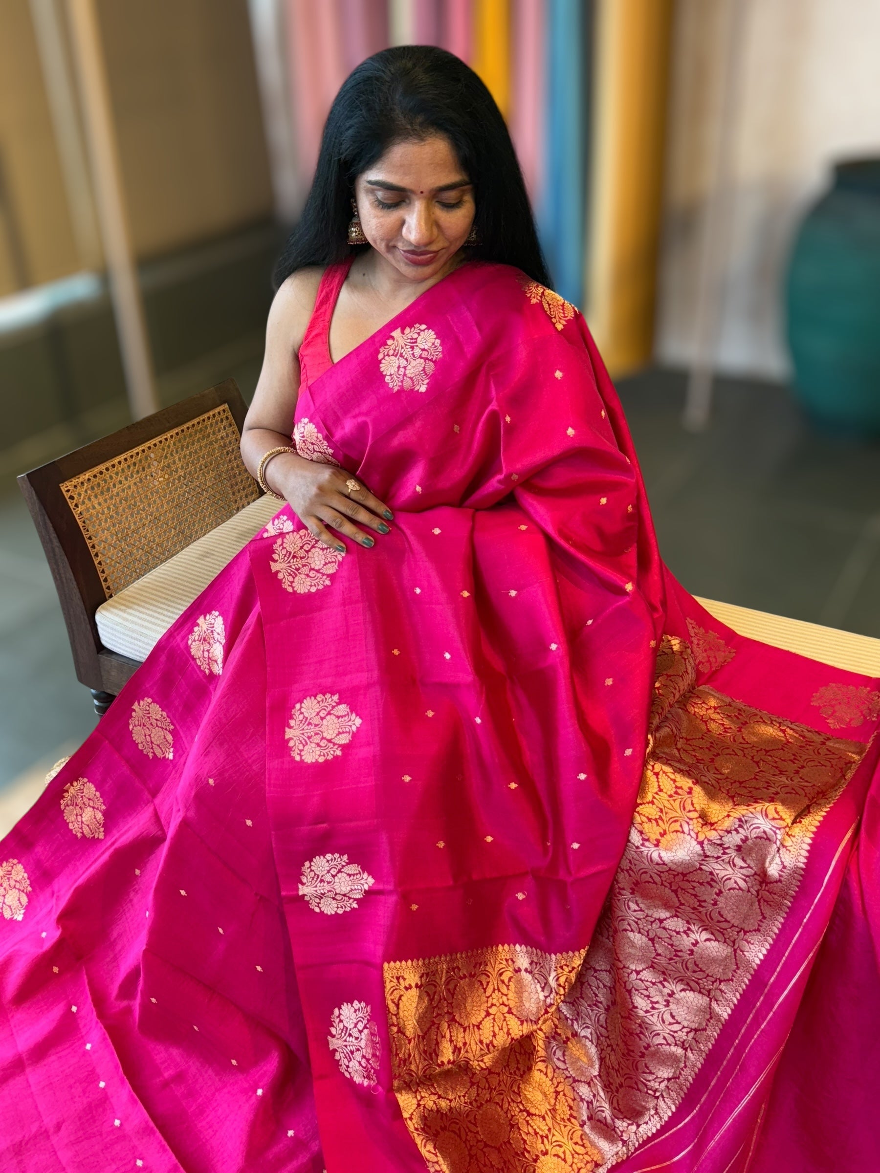 Rani Pink Banarasi Raw Mango Silk Saree with Open Borders & Kaduwa Woven Motifs