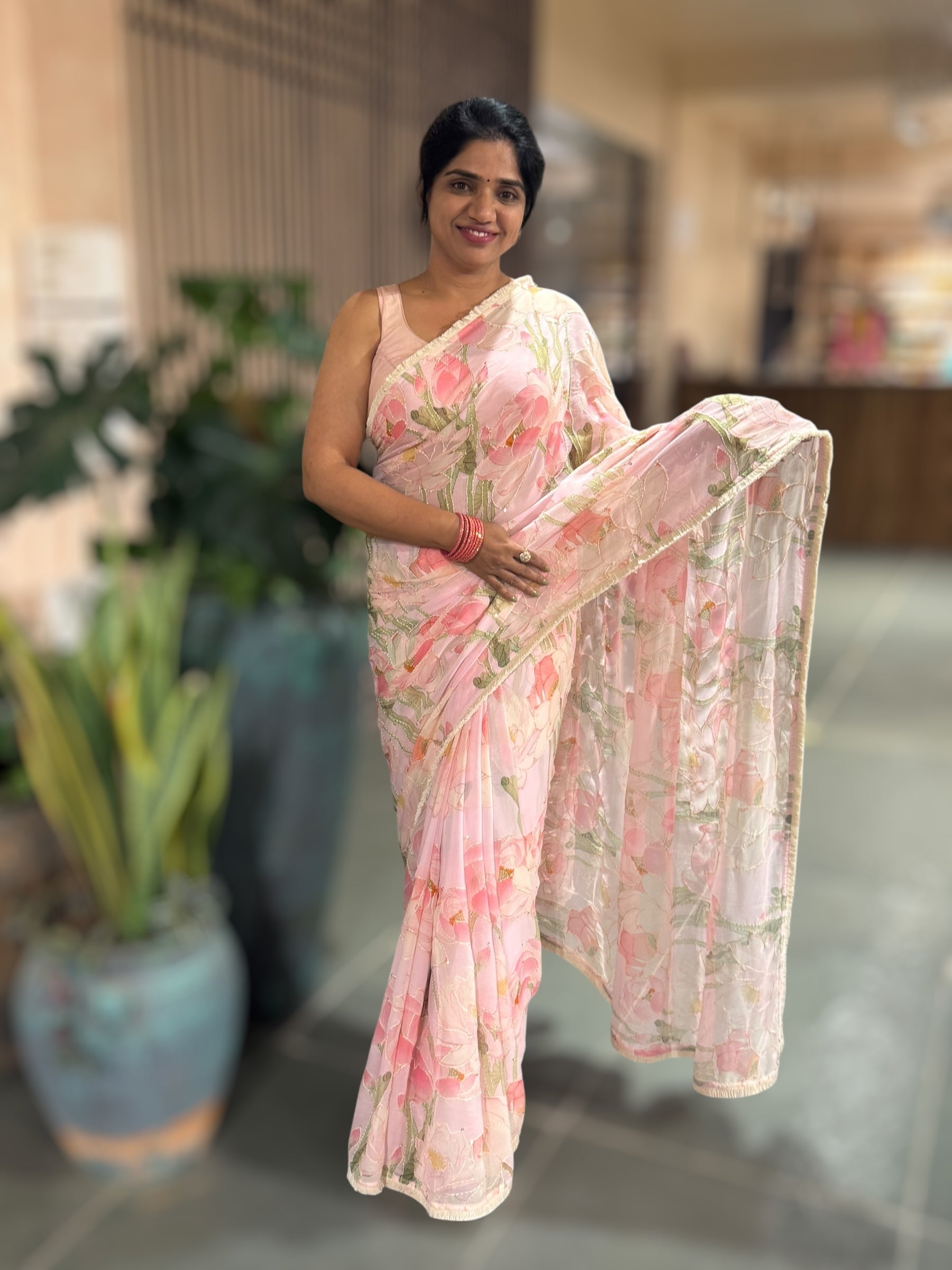 Pastel Pink Pure Gorgette Printed Saree With Allover Hand Done Katha work