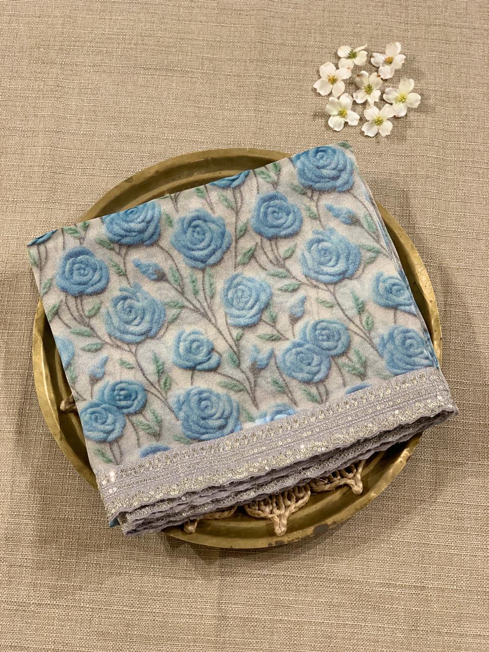 Tissue Gorgette Saree with 3D Floral Print hemlined with Sabhyasachi borders
