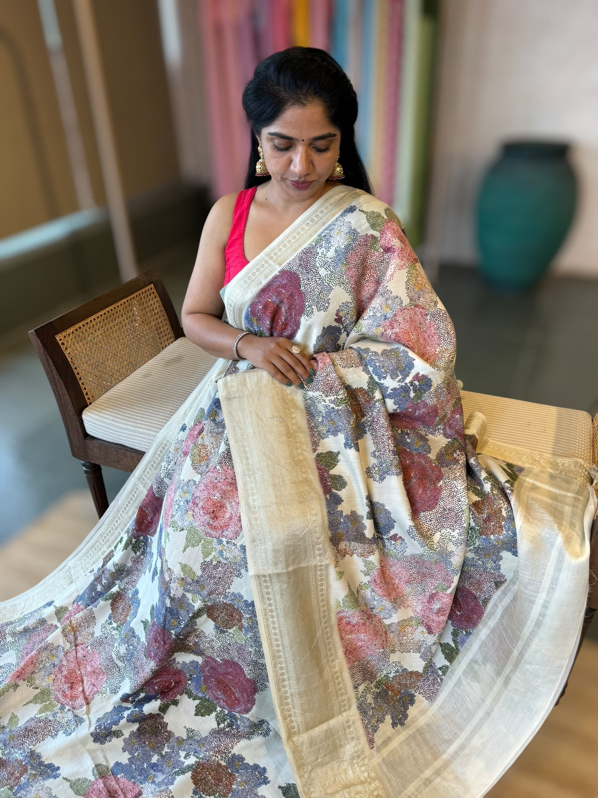 Half White Pista Chiniya Silk Saree With Petite Point  Emb Style Print