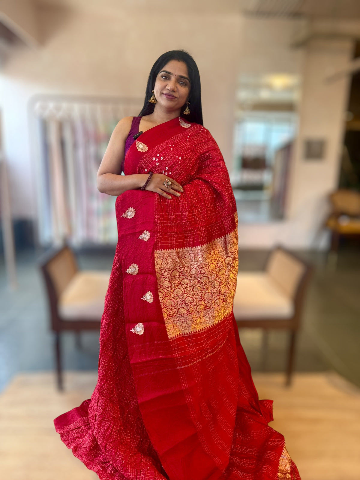 Chilli Red Banarasi Bandhej Silk Saree With Kaduwa Woven Open Mashru Borders