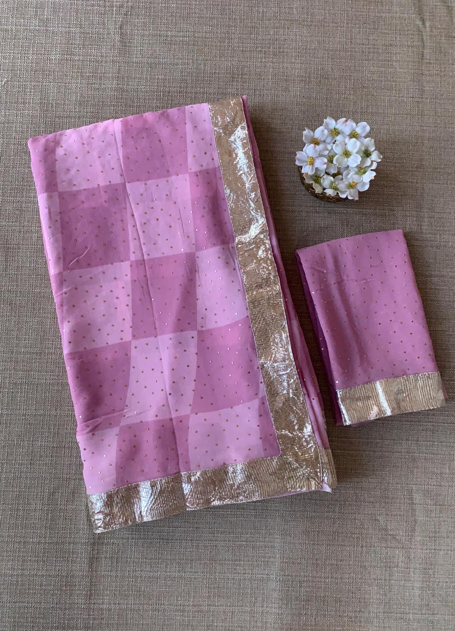 Pure Gorgette Saree in Checks Pattern , Allover Seuence & Hemlined Wth Gota lace