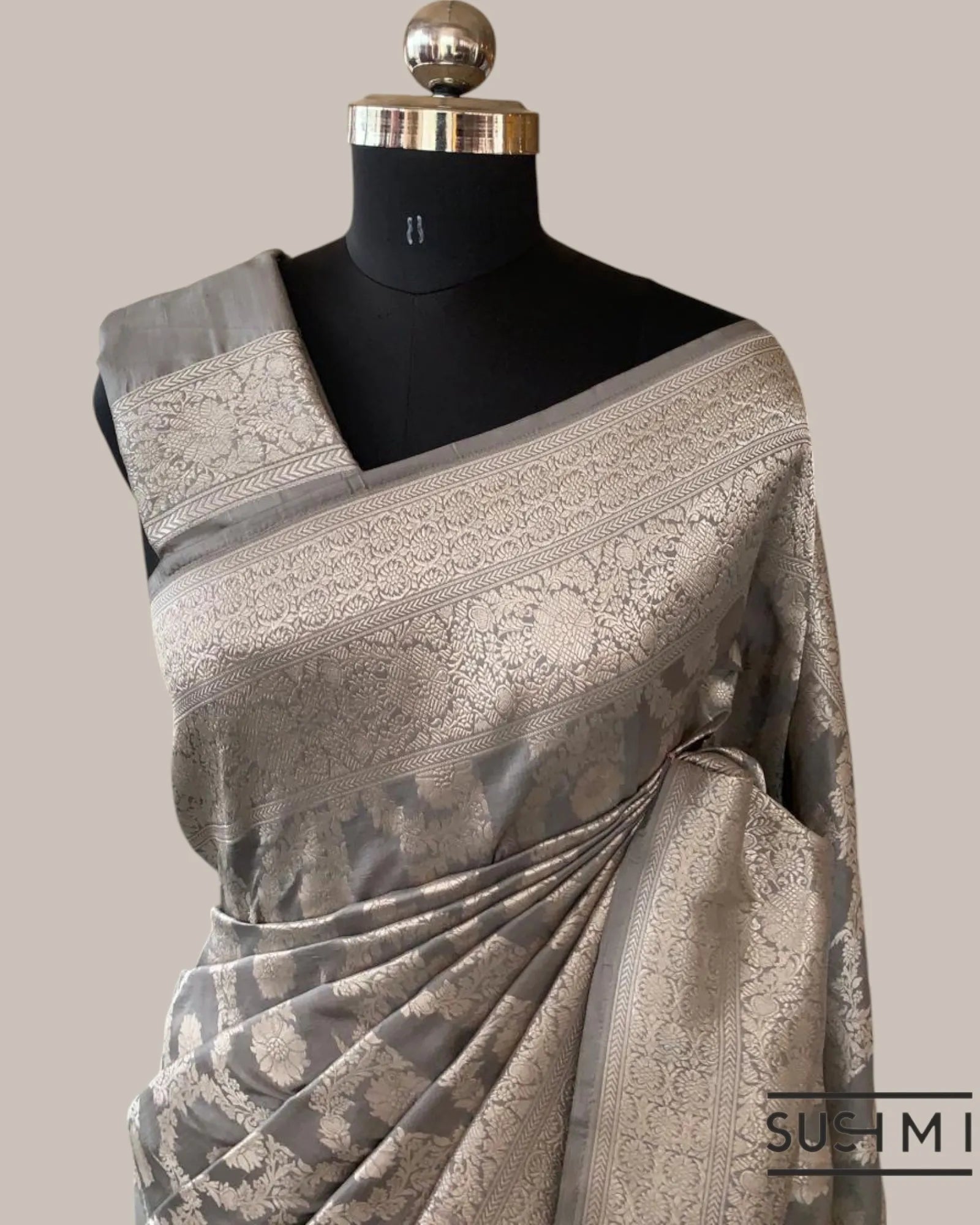 Silverish Grey Banarasi Katan Silk Saree with Allover Floral Jaal Weaving Blouse
