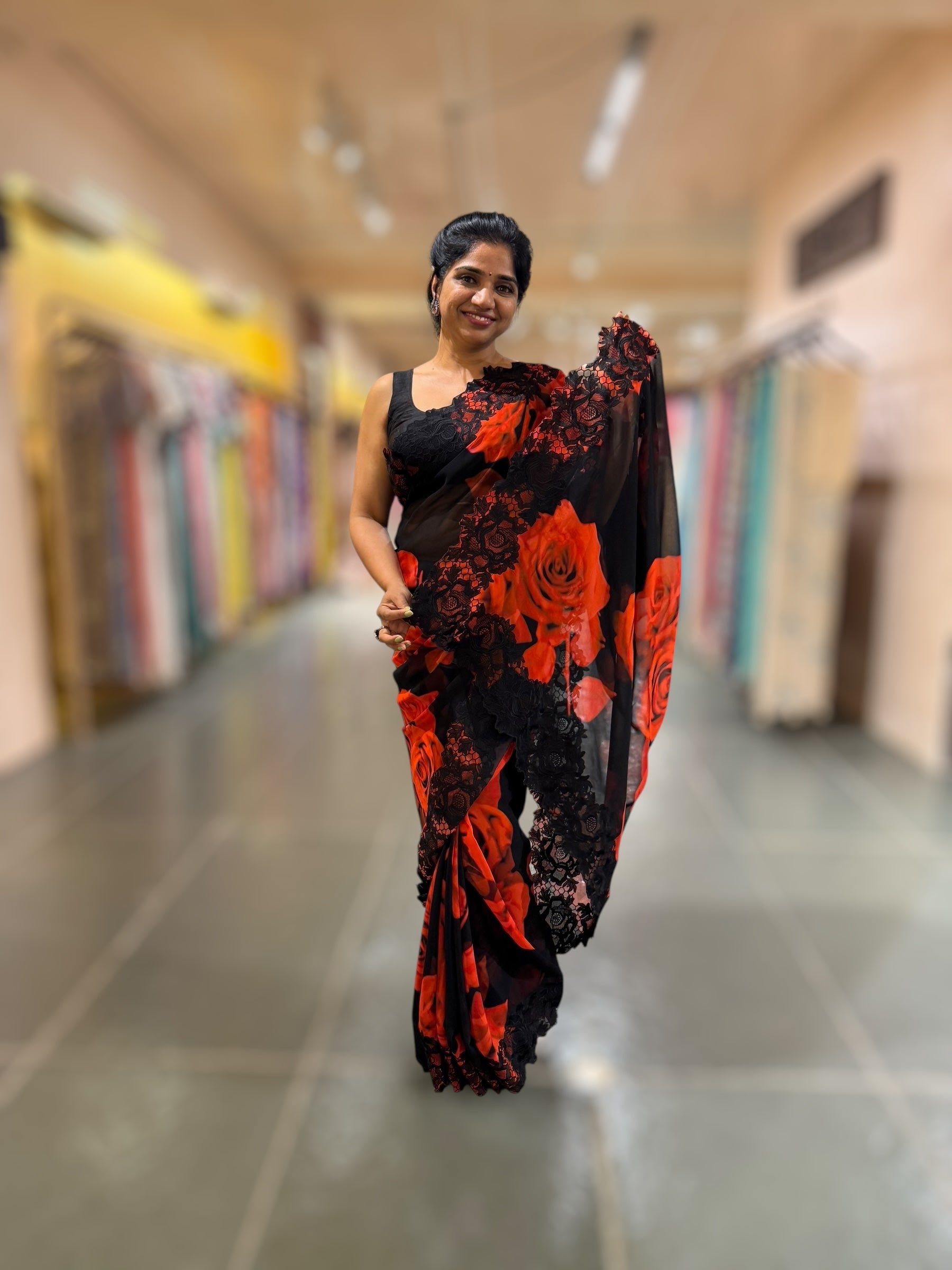 Red & Black Gorgette Saree With Chatilly Lace style Cutwork embroidered Border