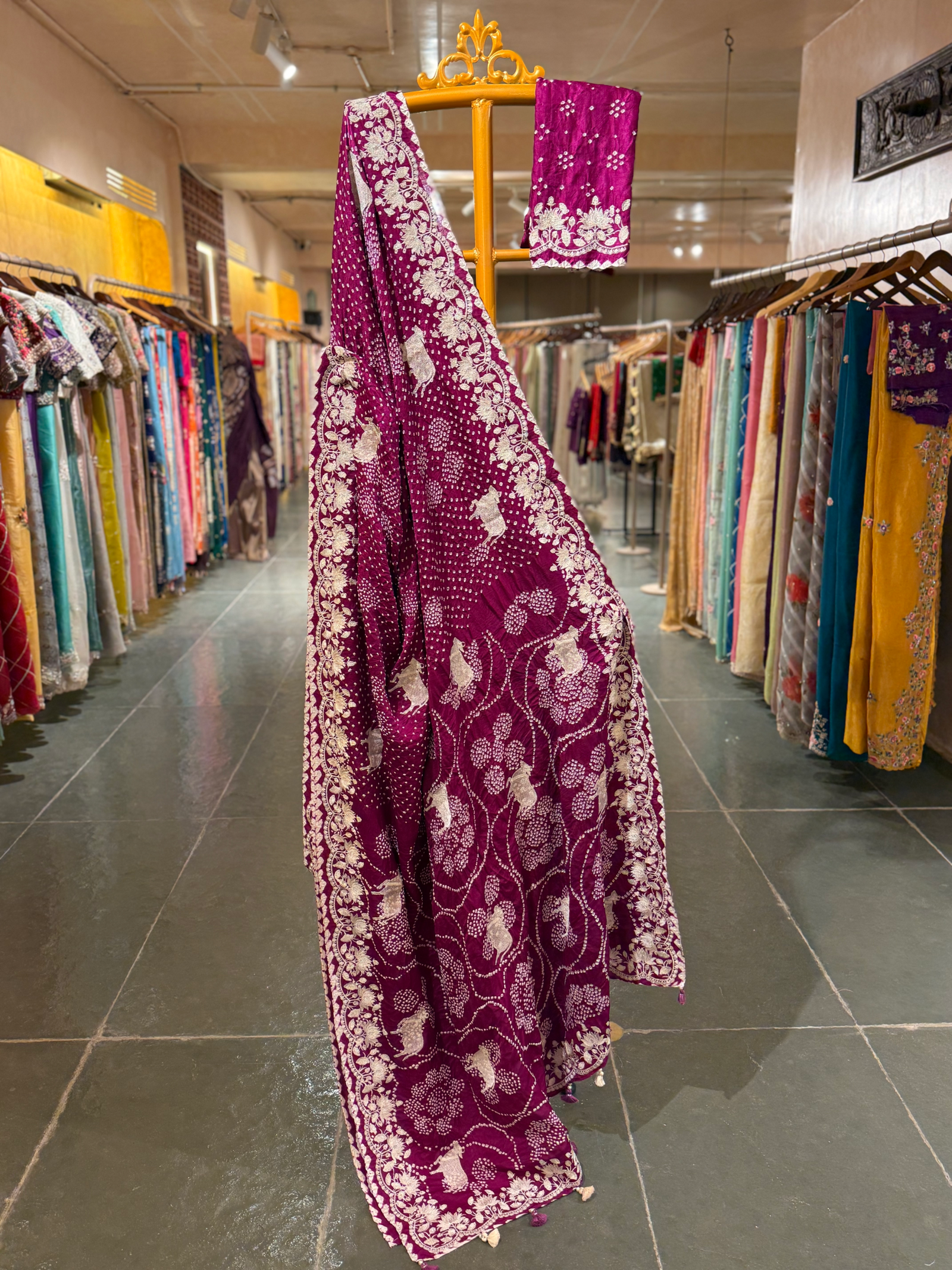 Purple Pure Gajji Silk Rai Bandhej Saree with Pichwai Embroidery
