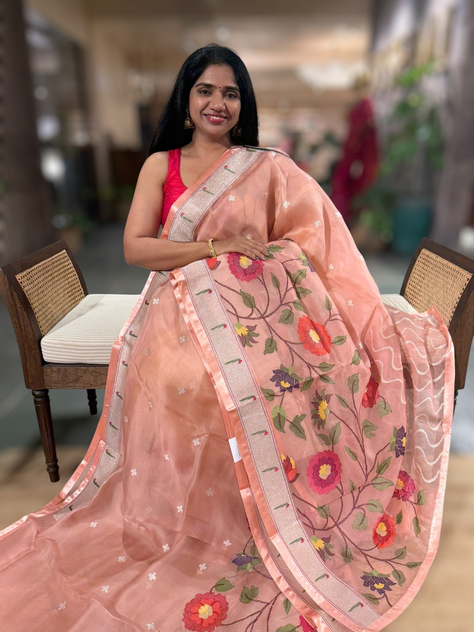 Peach Organza Silk Saree With Jamdani Inspired Embroidery
