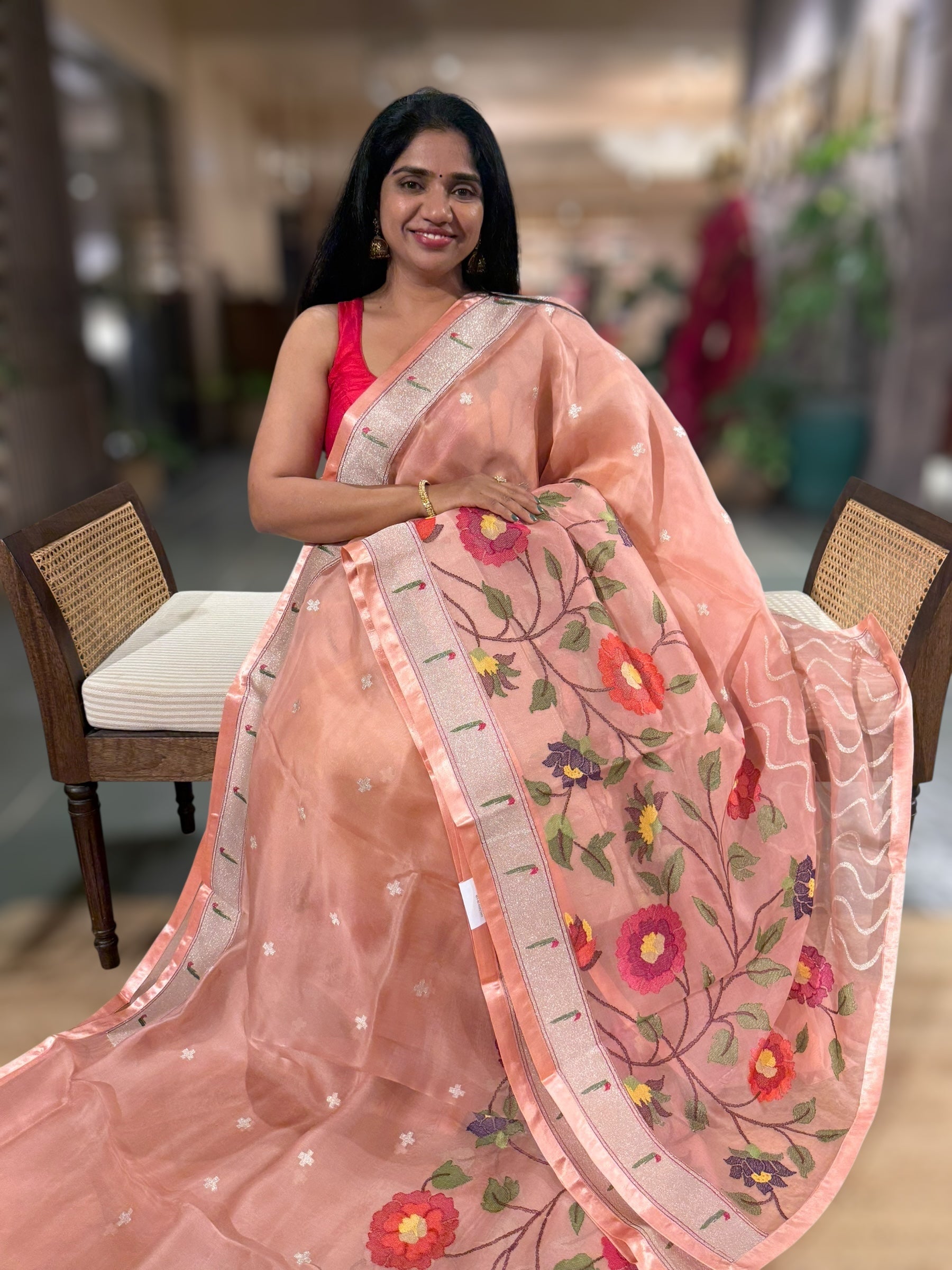 Peach Organza Silk Saree With Jamdani Inspired Embroidery