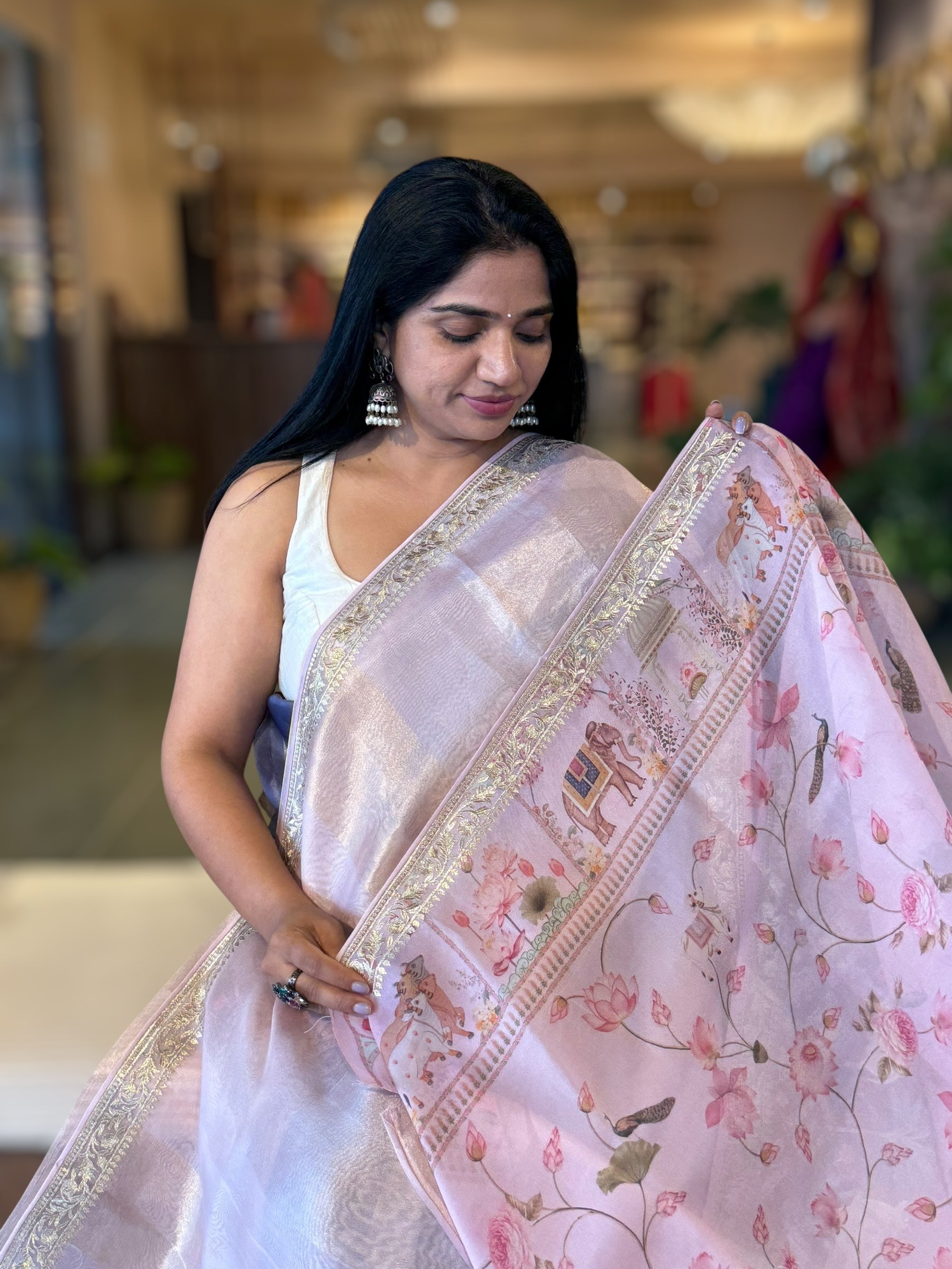 Pale Pink Kora Tissue Stripes Saree With Jamdani  & Pichwai embroidered Border