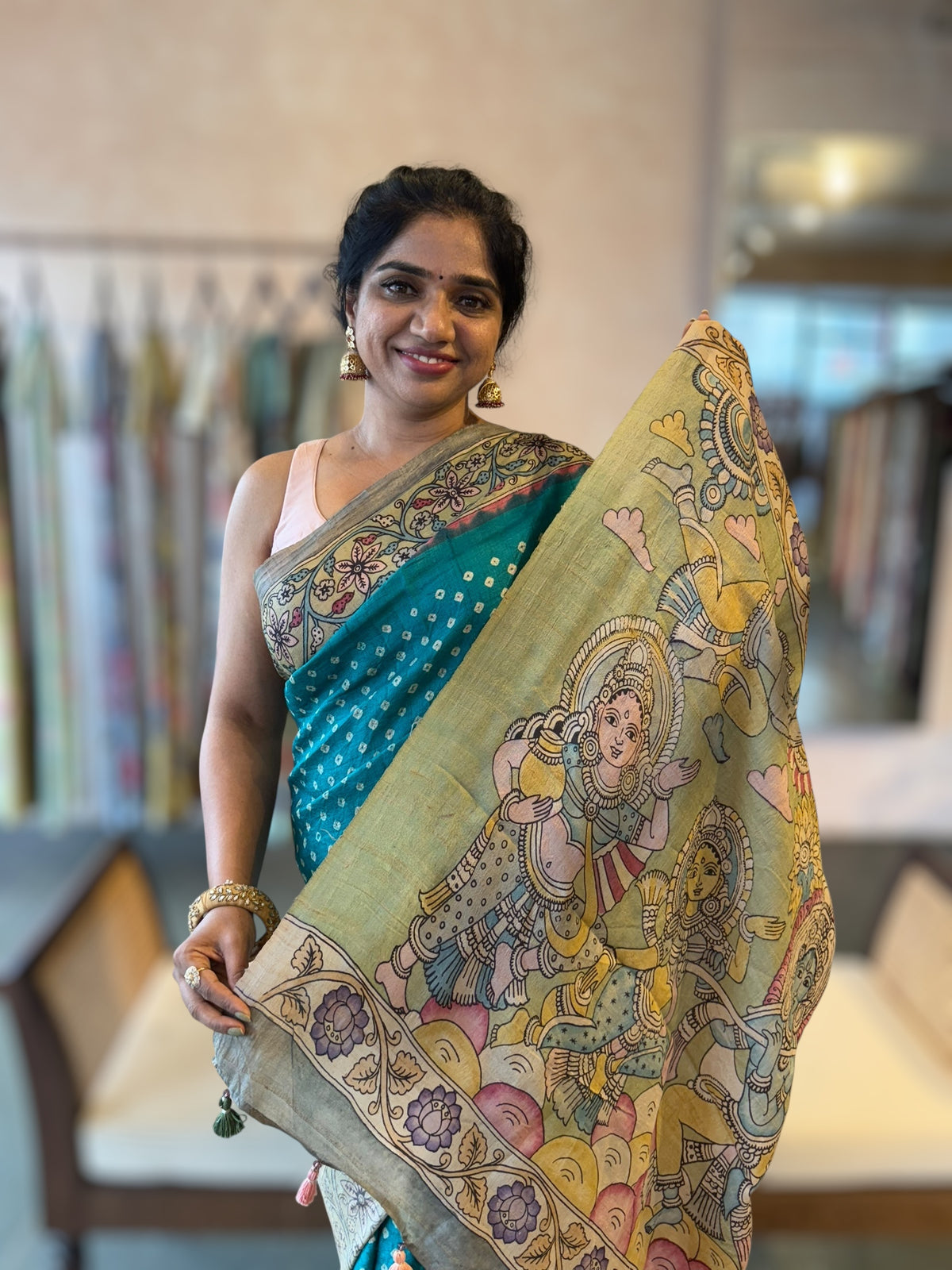 Teal Tussar Bandhini Saree With Pen kalamkari Border & Petite Point Emb Blouse