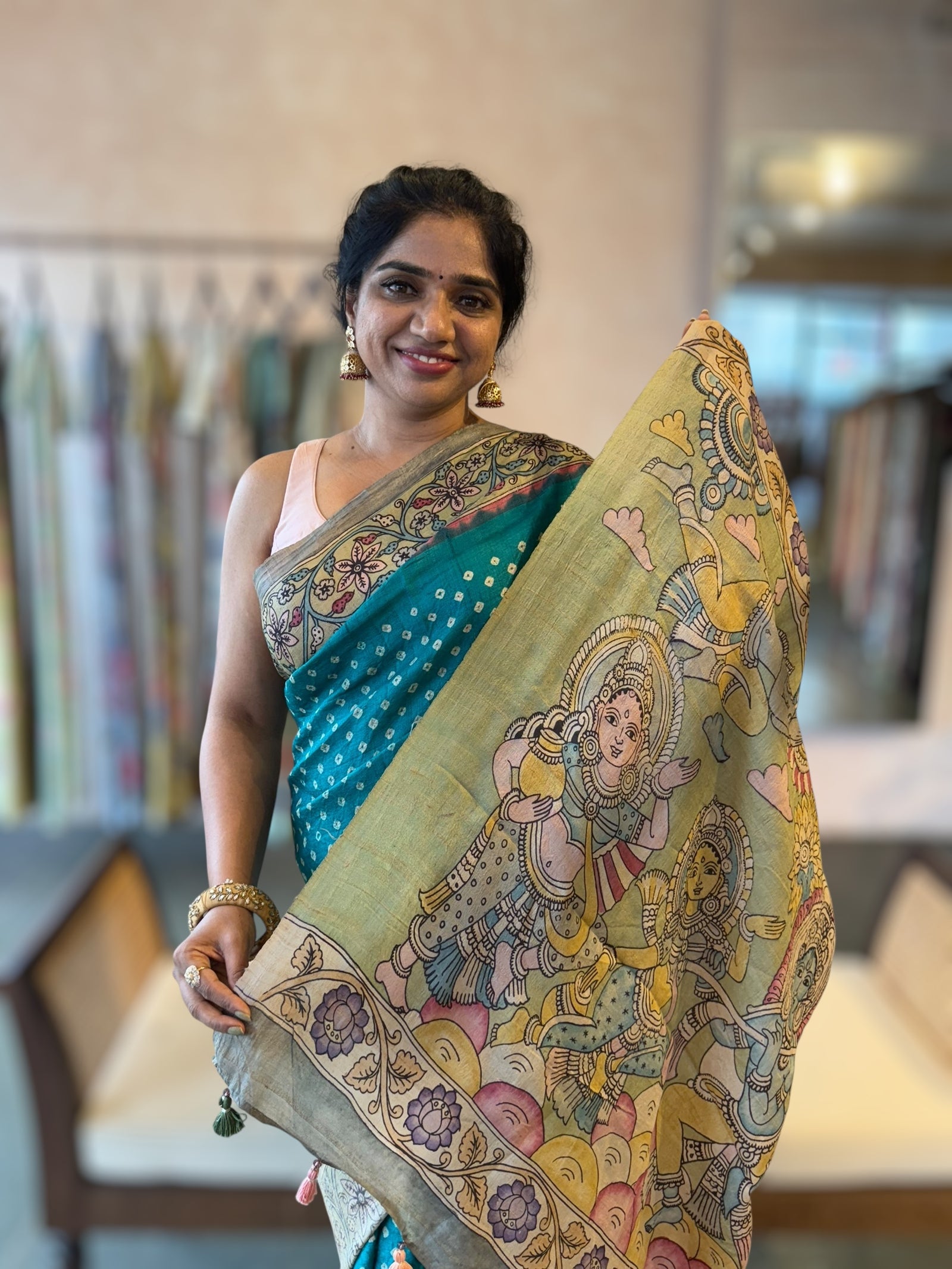 Teal Tussar Bandhini Saree With Pen kalamkari Border & Petite Point Emb Blouse