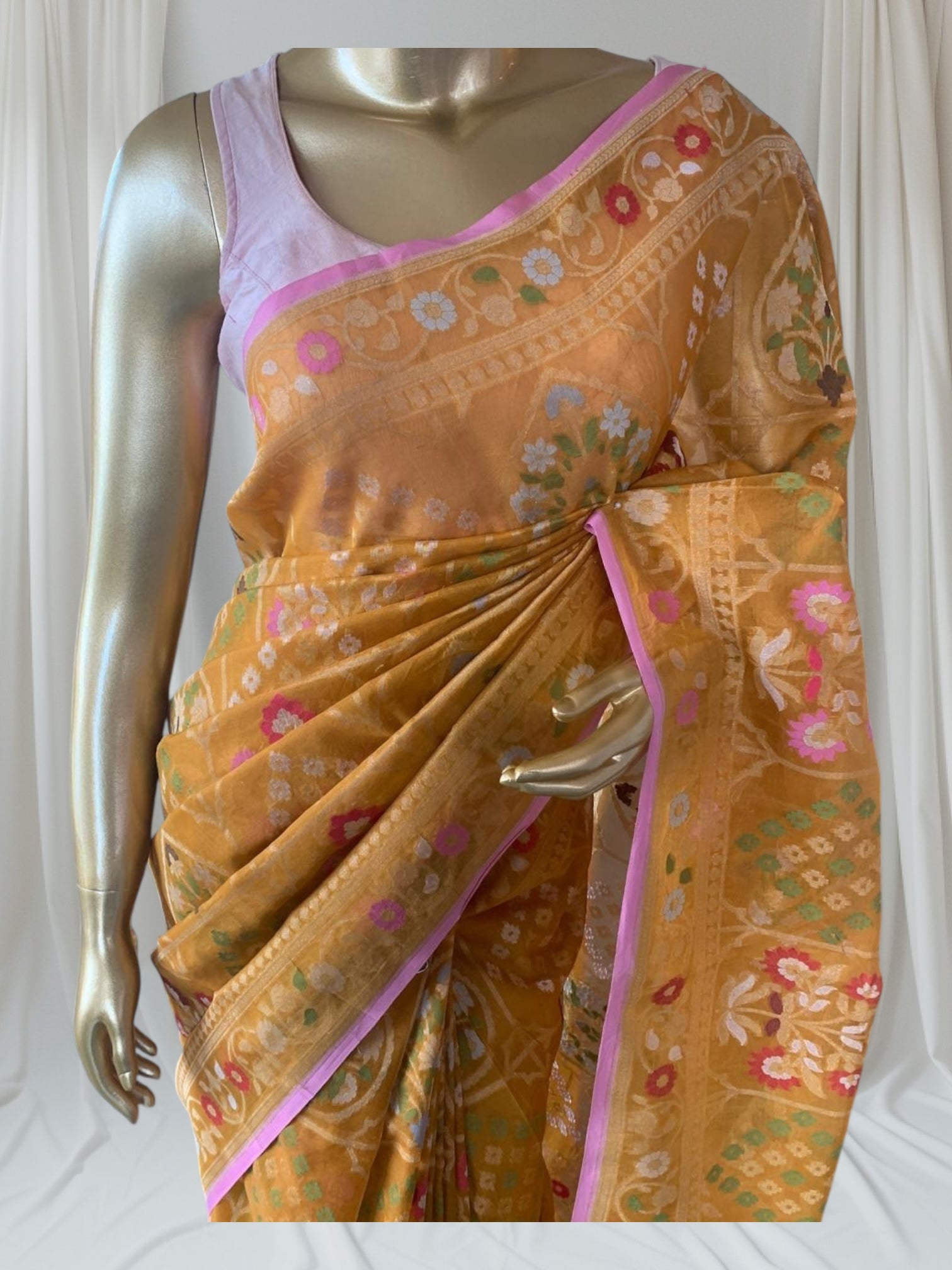 Mustard Banarasi Handloom Kora  Cut Jamdani Saree With Allover Meenakari