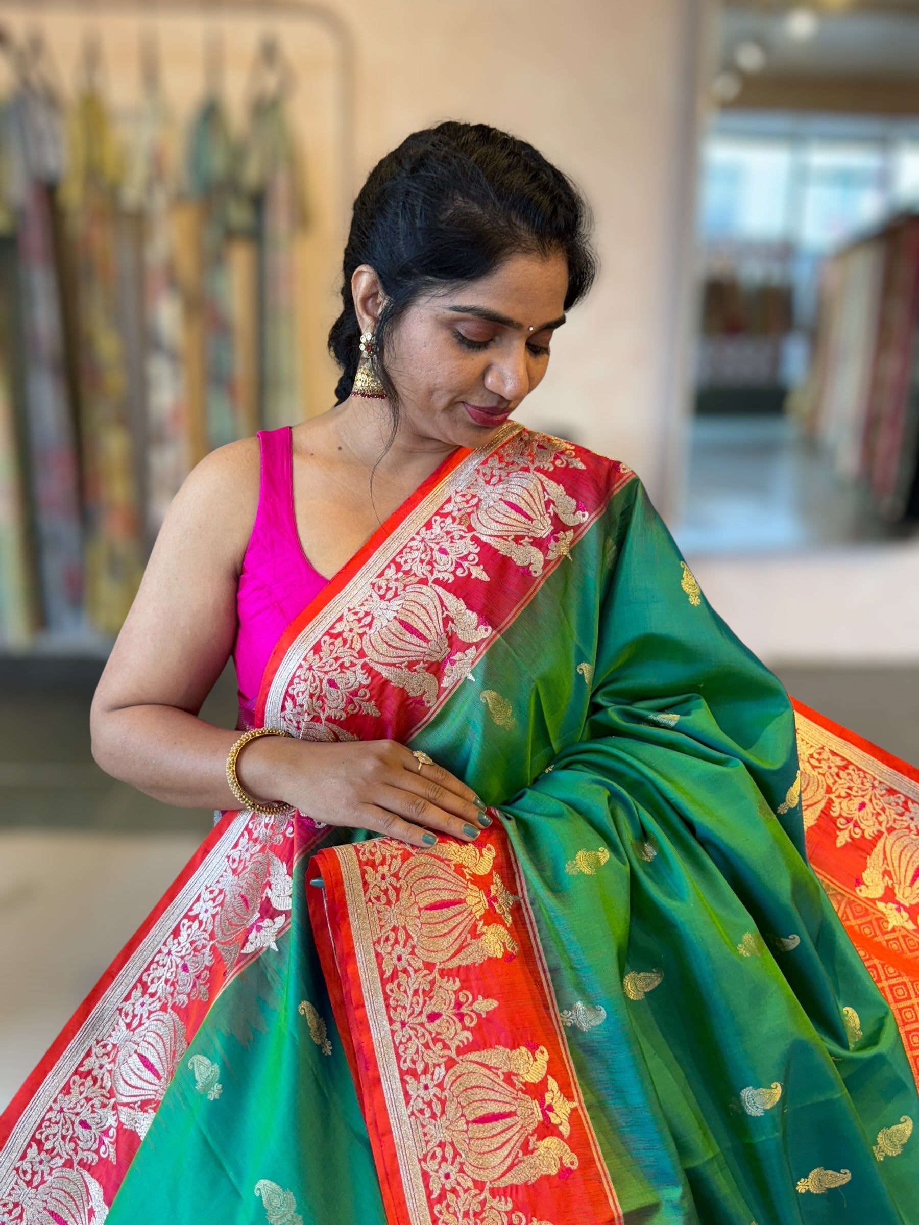 Emerald Green Kanchi Silk Saree in With Zari Meenakari Embroidered Border