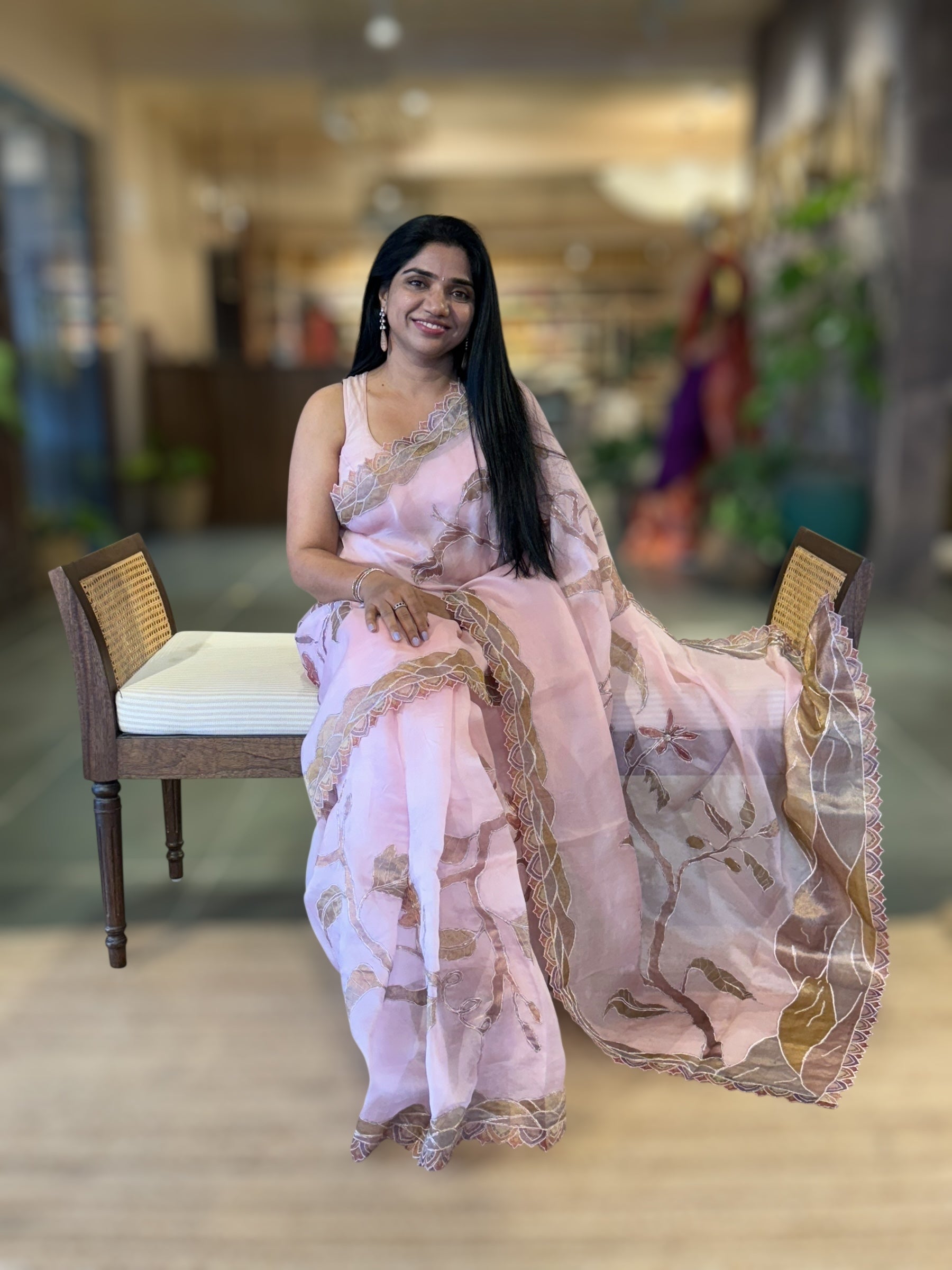 Rose Pink Pure Organza Saree with one of a kind Tissue Applique work allover