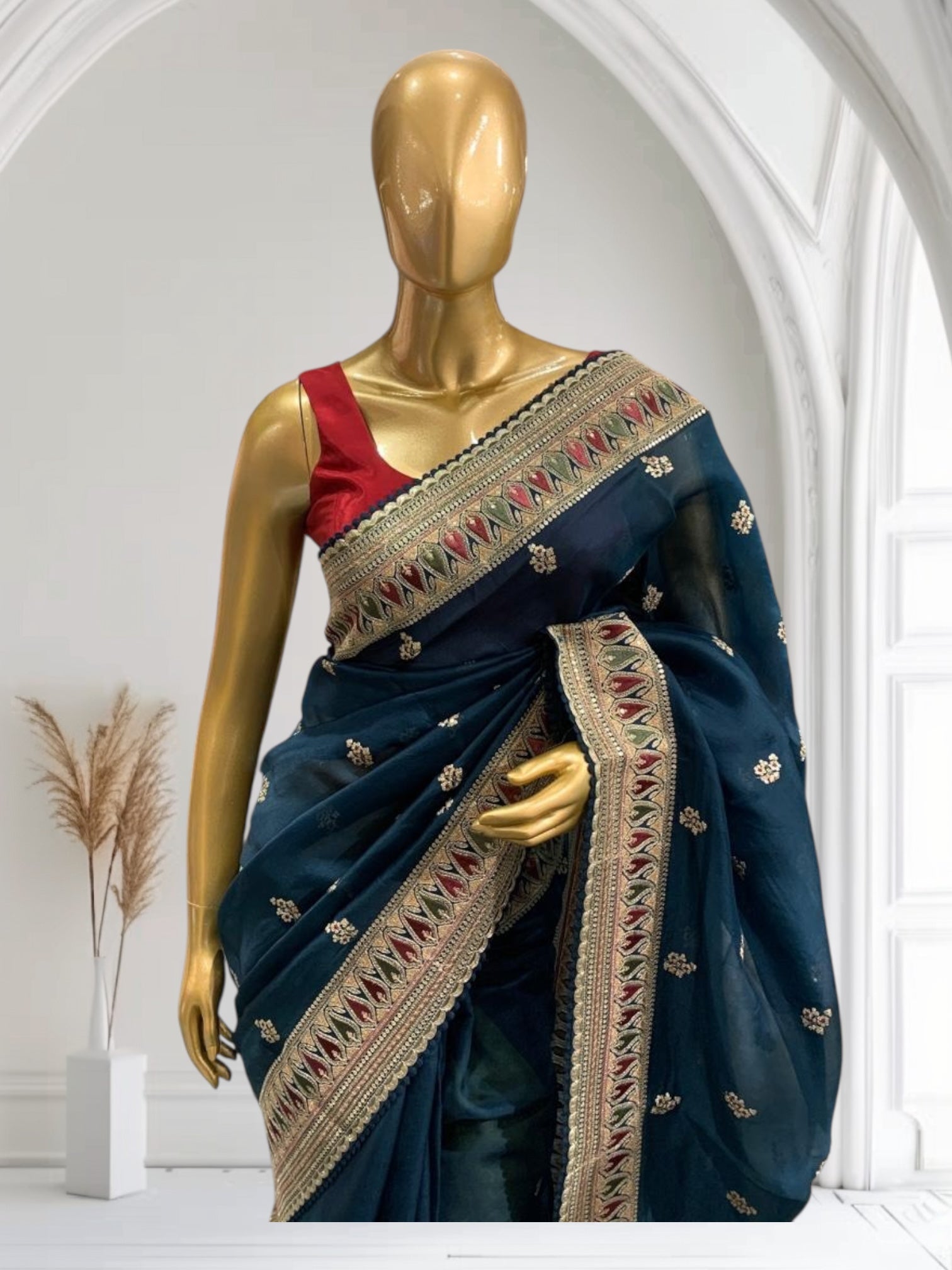 Luxe Peacock Blue Organza Saree with Sabyasachi-Inspired Border & Blouse